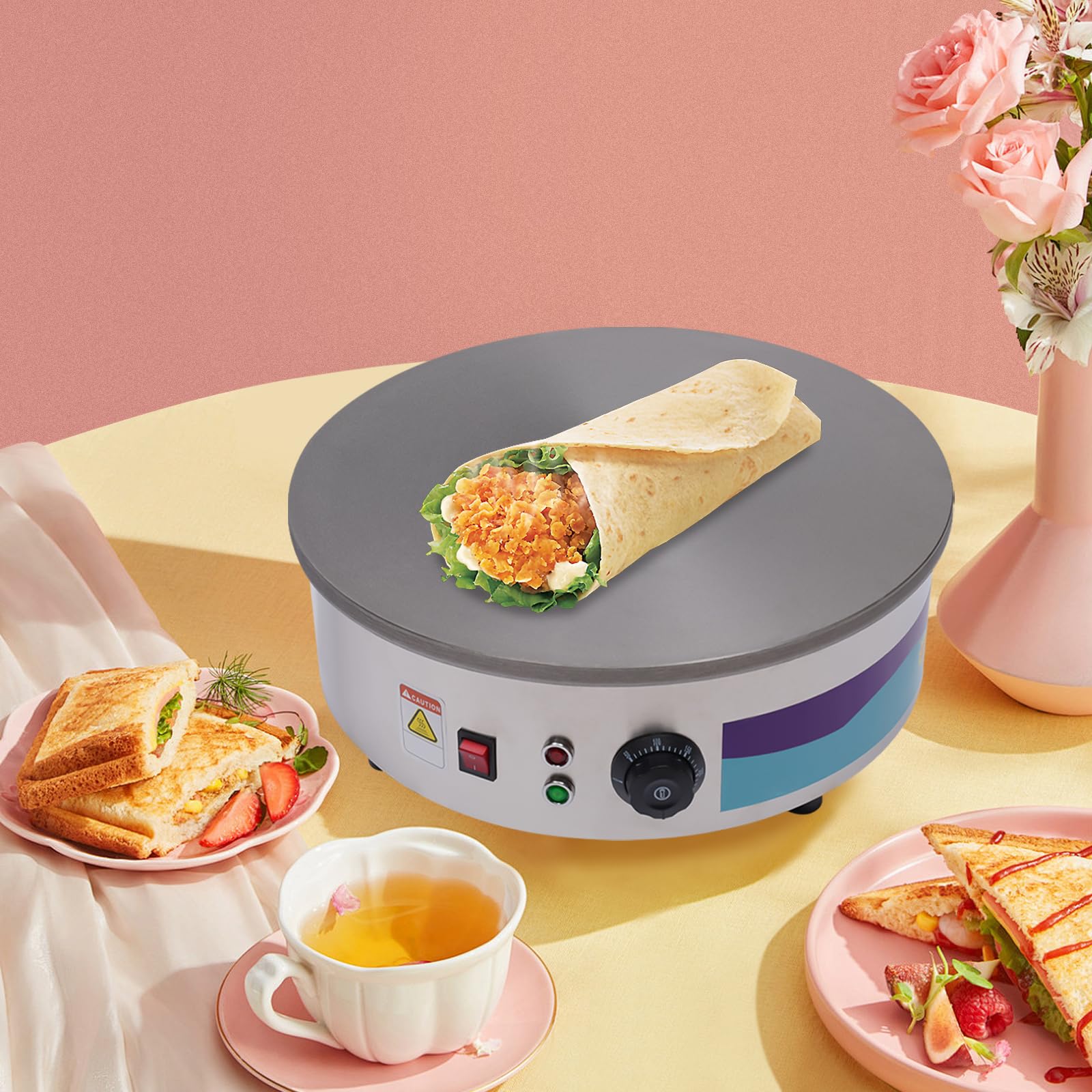 Appareil à crêpes électrique, plaque à crêpes ronde, 45 cm avec 3000 W et revêtement antiadhésif, température réglable de 50 à 300 °C, pour crêpes, crêpes et gaufres
