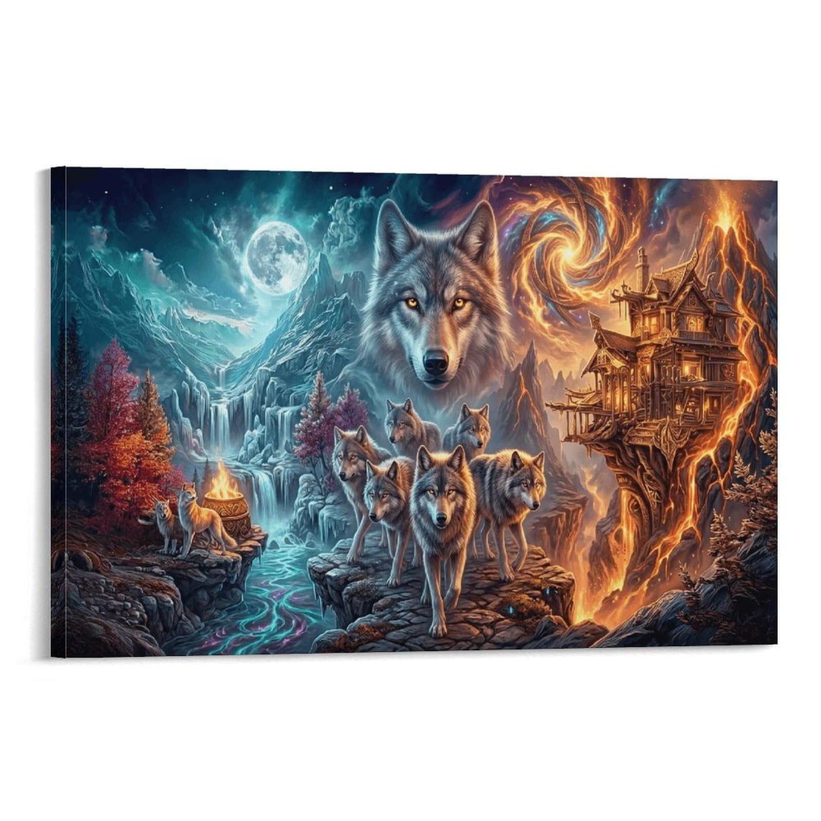XPASHIQWC Wolf Wall Decor Poster Star-Moon Waterfall Valley Giclee Canvas Prints Modern Canvas Wall Art Picture Wall Hanging for Office Gym Living Room Decor 24x36inch(60x90cm)