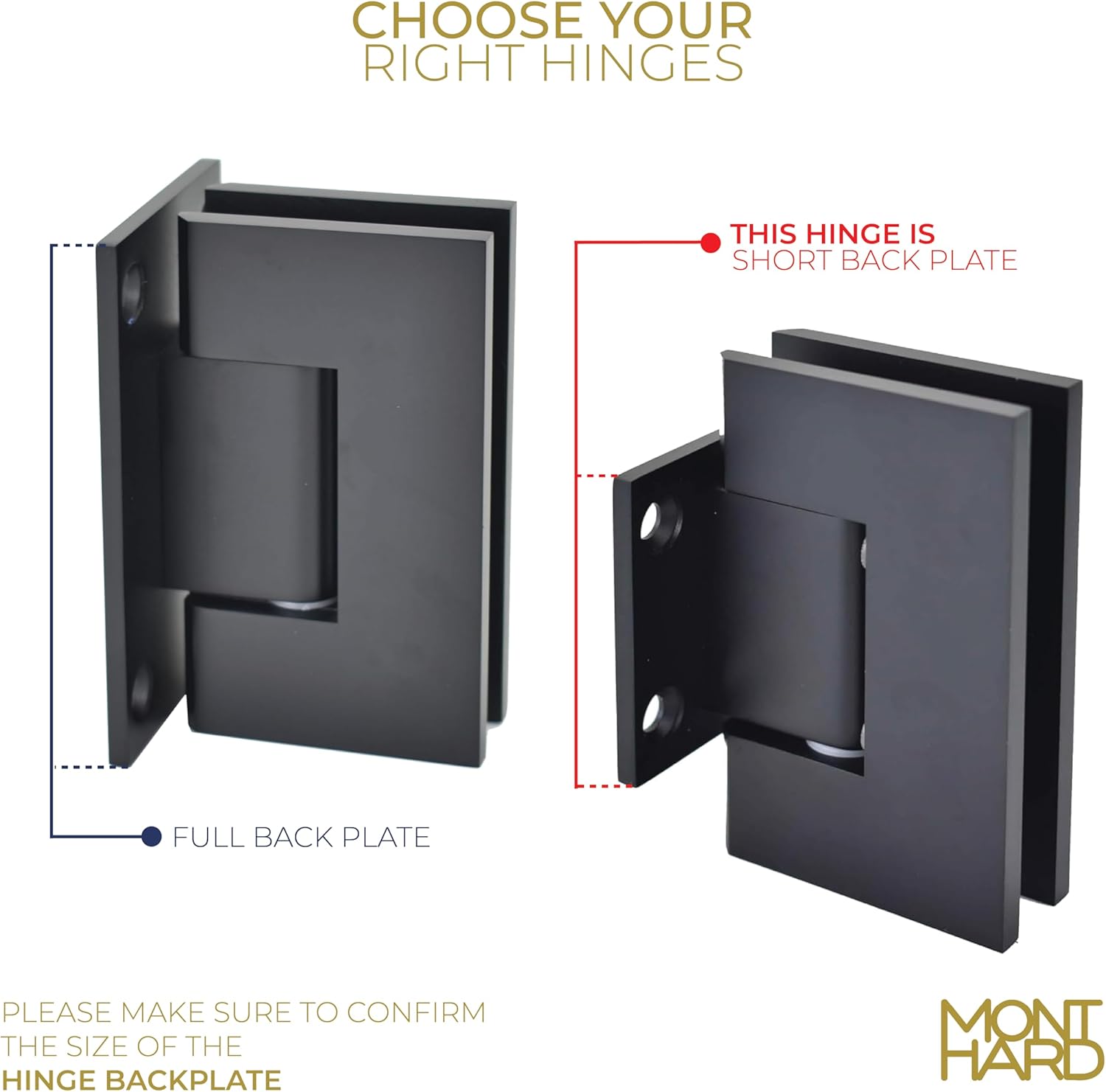 Shower Door Hinge - Short Back Plate, Matte Black Square Standard Wall to Glass Hinges, Fits 3/8" to 1/2" (10 to 12 mm) Glass, 90 Degree, Solid Brass, Bathroom Hardware Residential & Commercial Use