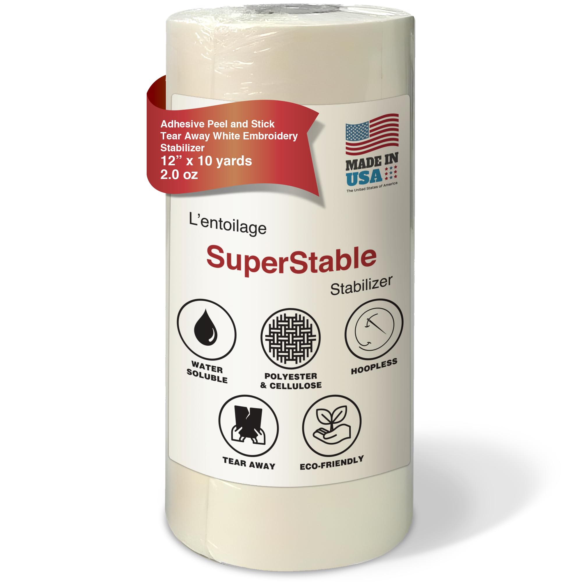 Superpunch White Adhesive Peel & Stick Tear Away Stabilizer for Embroidery - 12-inch x 10-Yard Roll, SuperStable Machine Embroidery Stabilizers Backing 2.0 oz for Hoop Less Embroidery, Made in USA