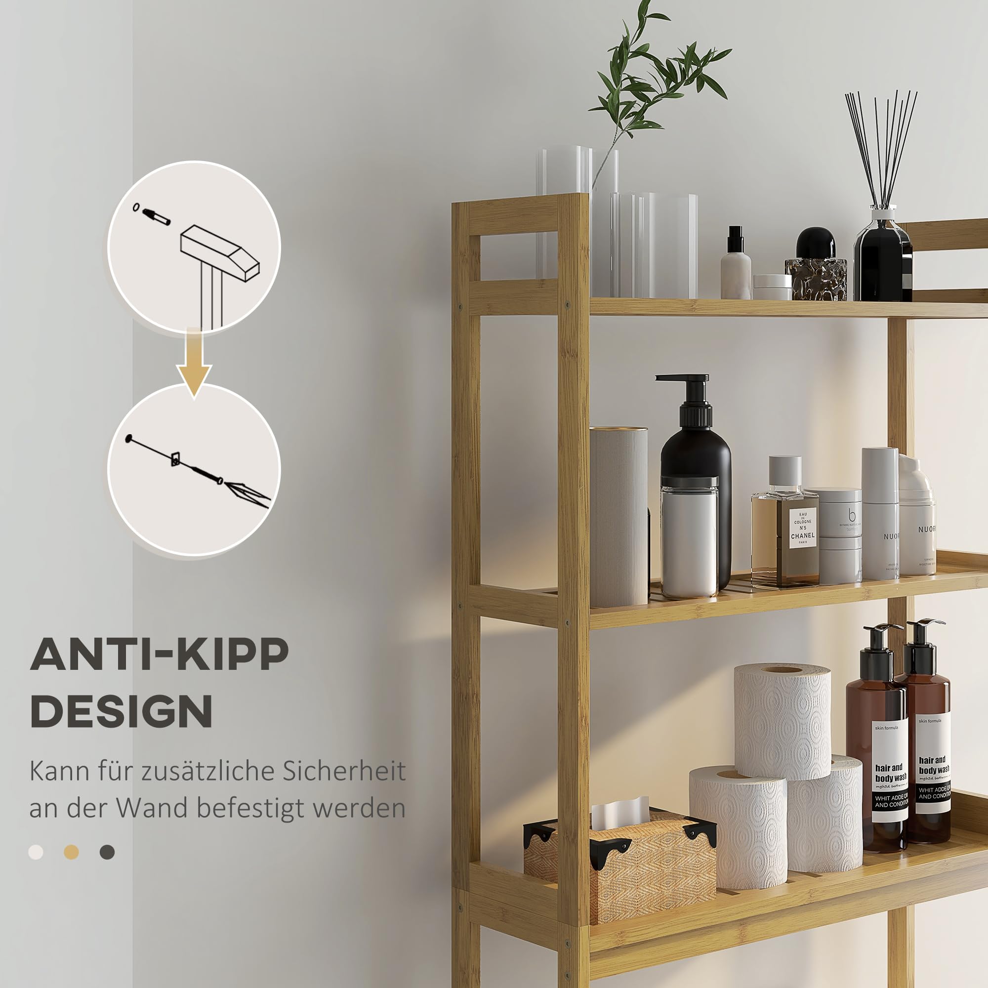 kleankin Toilettenregal 3-Stufiges Badezimmerregal für Toilette Natur