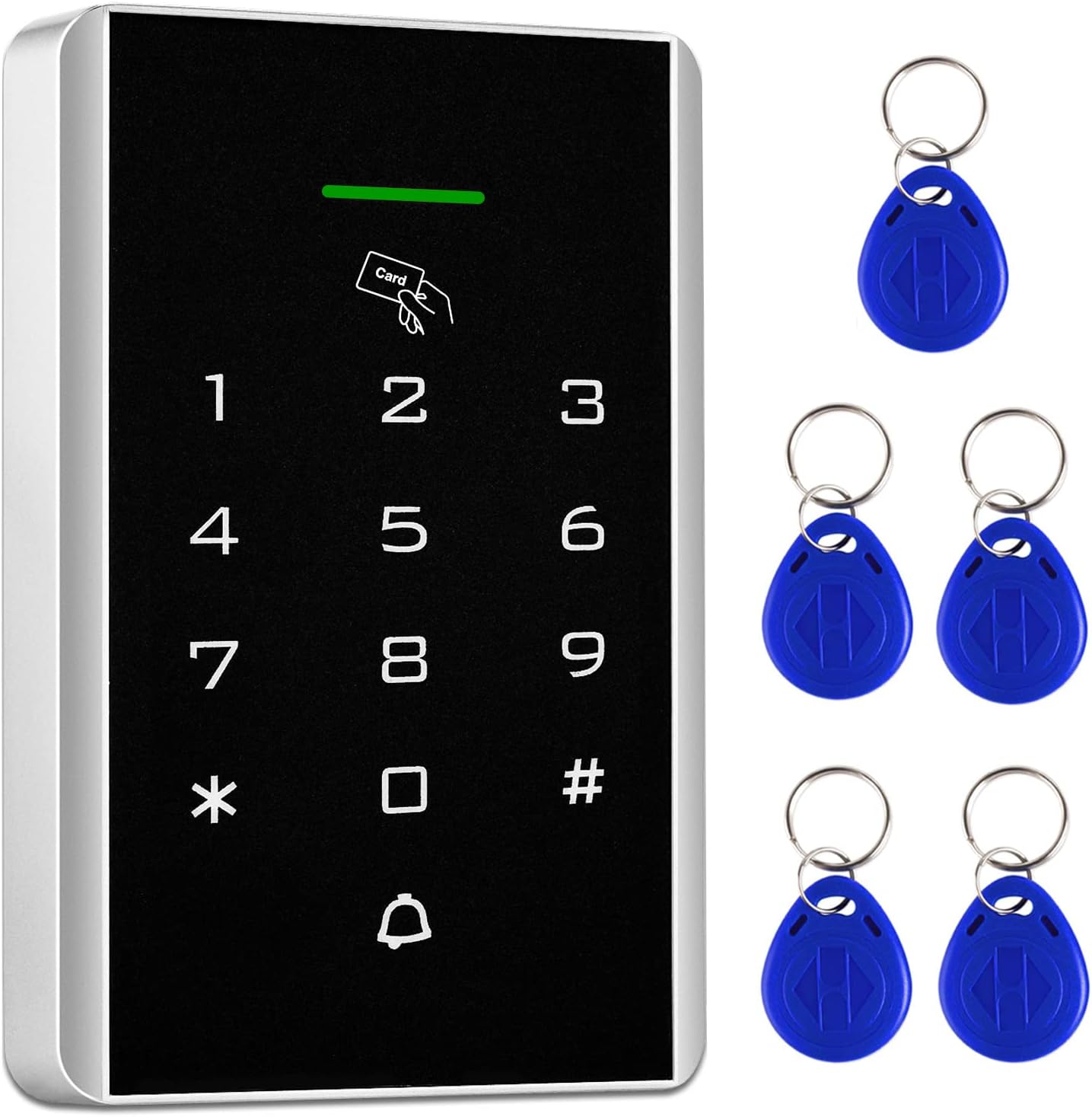 Door Access Control Keypad, 125KHz Proximity ID Card Access Control System, Support 1000 Users Door Access Control, Stand-Alone Keypad + 5PCS Keychains for Entry Access Controller Gate Opener