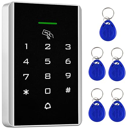 Door Access Control Keypad, 125KHz Proximity RFID Card Access Control System, Support 1000 Users Door Access Control, Stand-Alone Keypad + 5PCS Keychains for Entry Access Controller Gate Opener