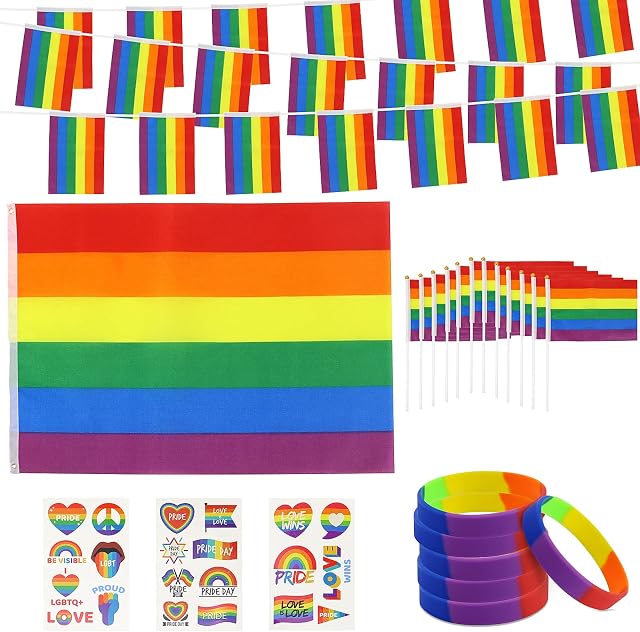 23PCS Pride Flag Bunting, Homgaty LGBT Pride Bunting- 5FTx3FT Gay Pride Flags Lesbian Bisexual Flags, Pride Bracelet Rainbow Tattoos Accessories for Outdoor Bar Street Parade Pride Party Decorations
