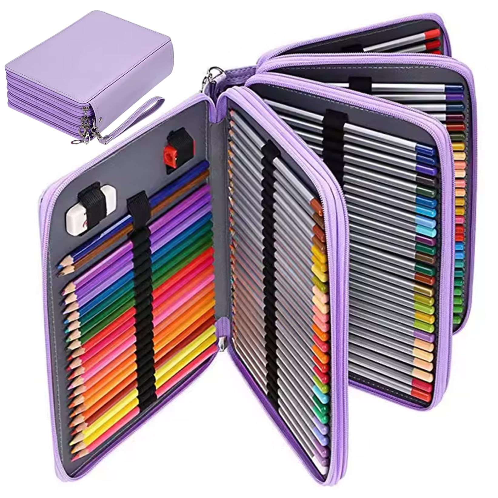 Colored Pencil Organizer 200 Slots Art Pencil Case PU Leather Pen Case Organizer with Handle Strap for Colored Pencils Watercolor Pencils.