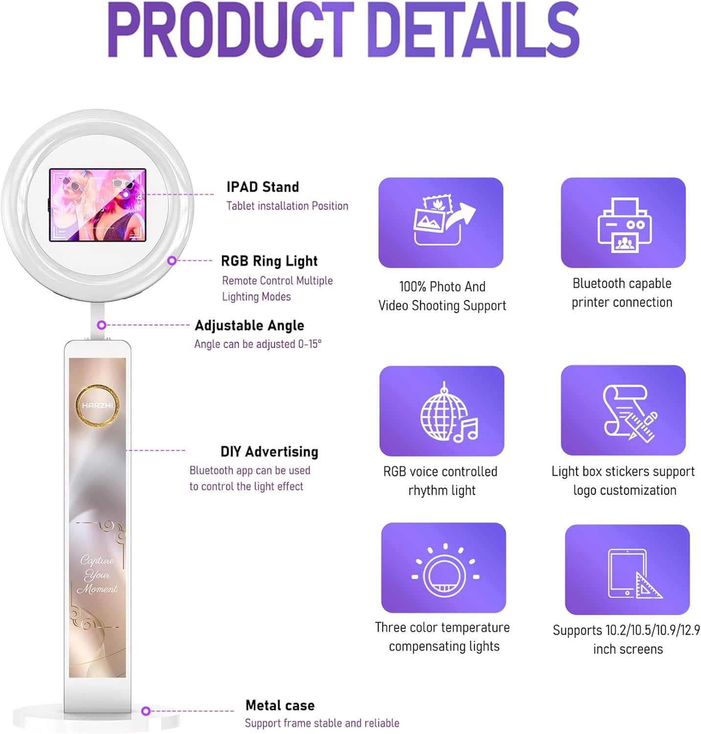 HARZHI Portable Photo Booth Compatible with iPad, Photo Booth Stand Shell, Perfect for Weddings and Parties, Free ChackTok Membership, Free Custom Logo, with Flight Case (White, Photobooth-Ultra)