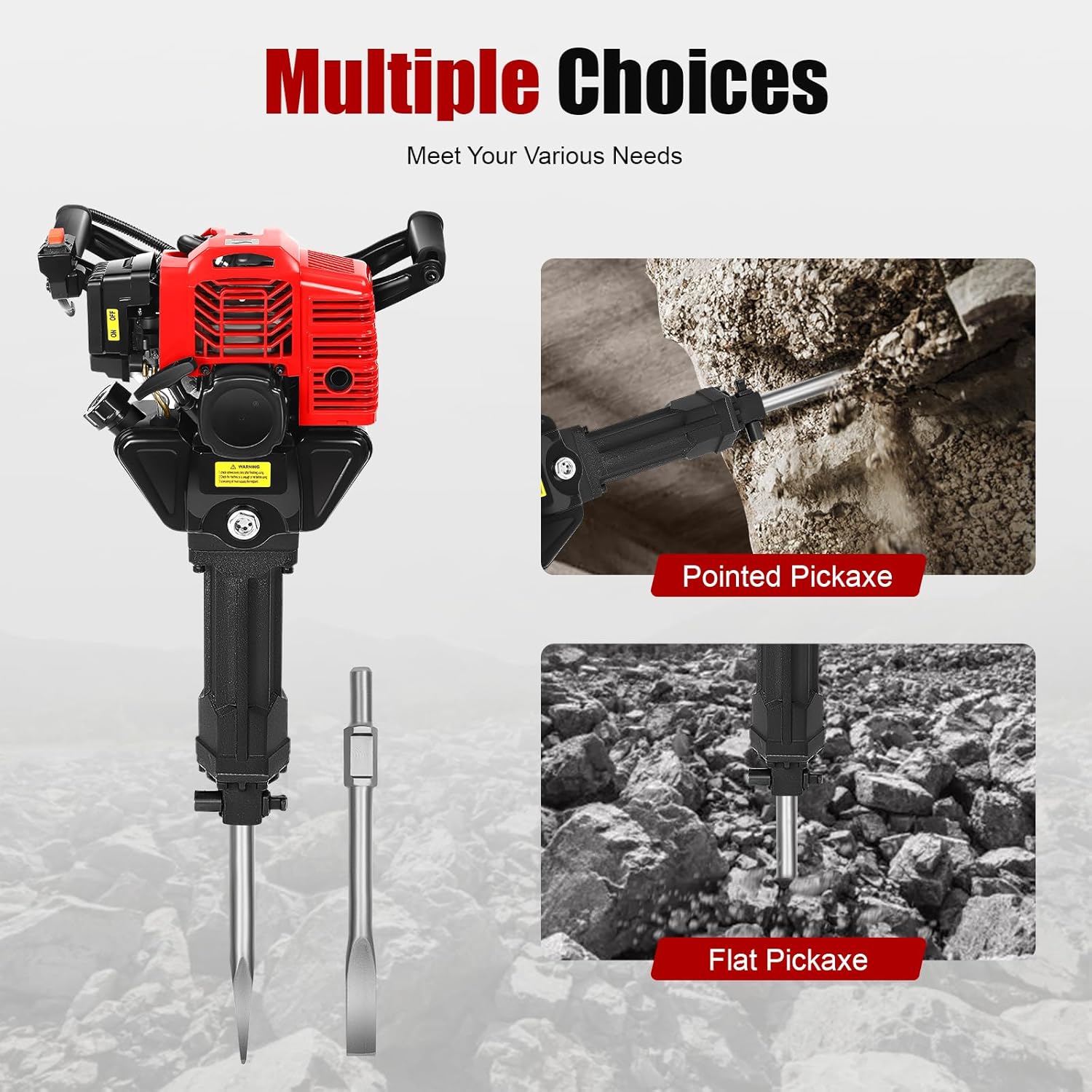 52CC Two-Stroke Jack Hammer, Hand Pull Gasoline Powered Jack Hammer Concrete Breaker with Pointed Pickaxe and Flat Pickaxe, Portable Gas Demolition Chipping Hammer, 6500RPM, 1500 Times/min