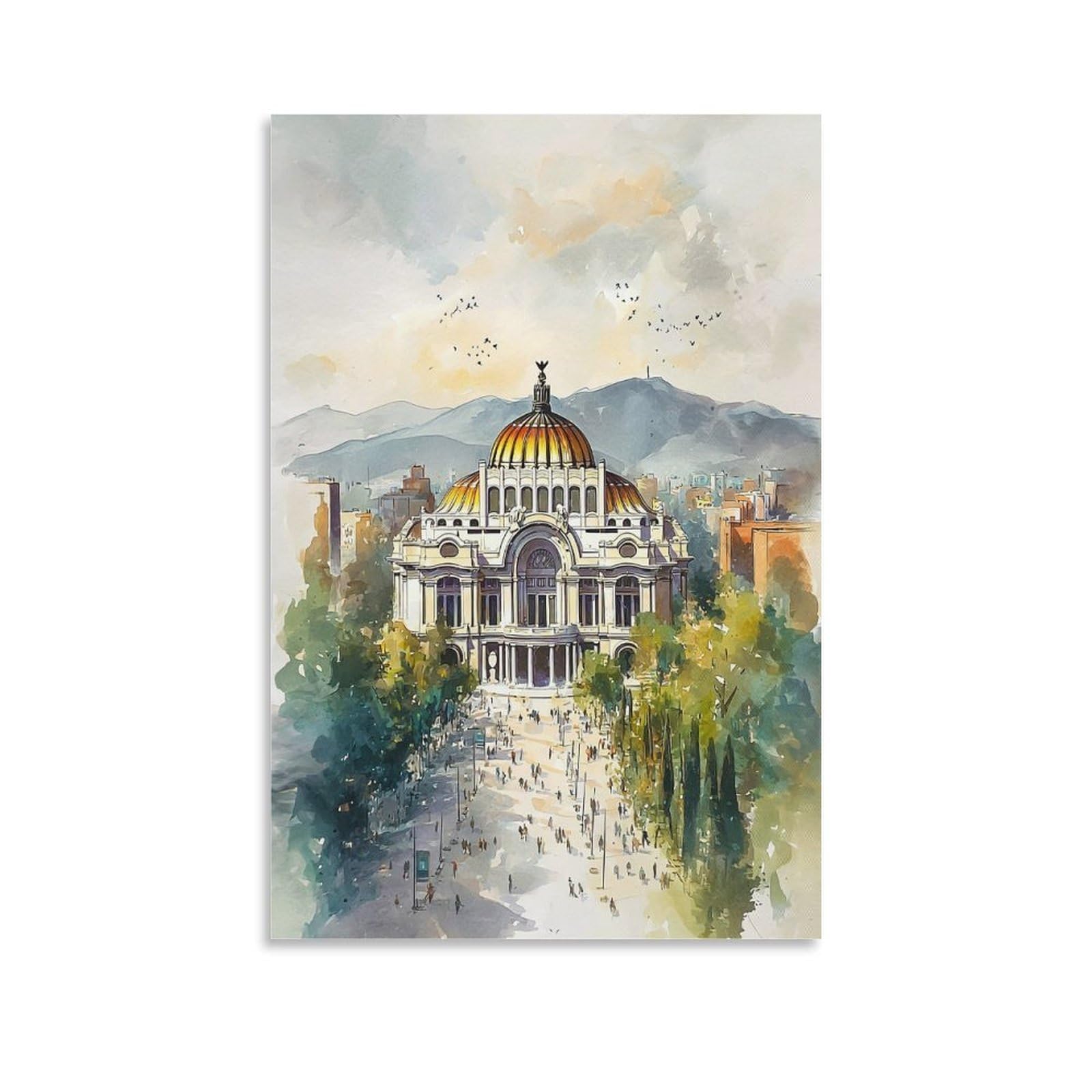 XWYMXZ Mexico City Watercolor 24x36inch(60x90cm) Vintage Travel Poster Watercolor Canvas Art