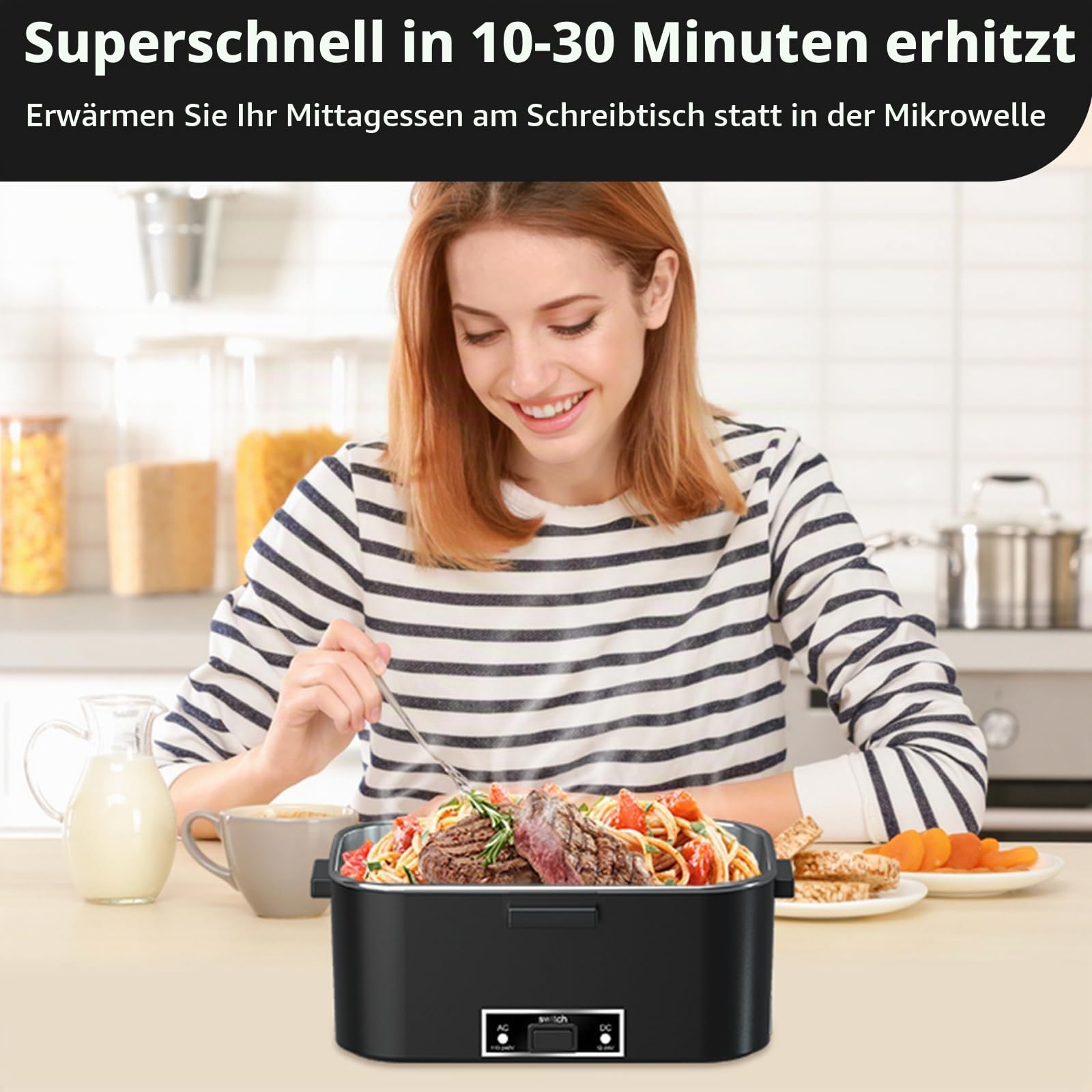 SOOOEC Elektrische Lunchbox 100W, 3-in-1 tragbare beheizte Lunchbox, Herausnehmbare Edelstahl-Brotdose, 12V/24V/220V Isolierte Wärmebox für Auto/Lkw/Büro, Mit isolierter Tasche (Black DD, H1.8L)