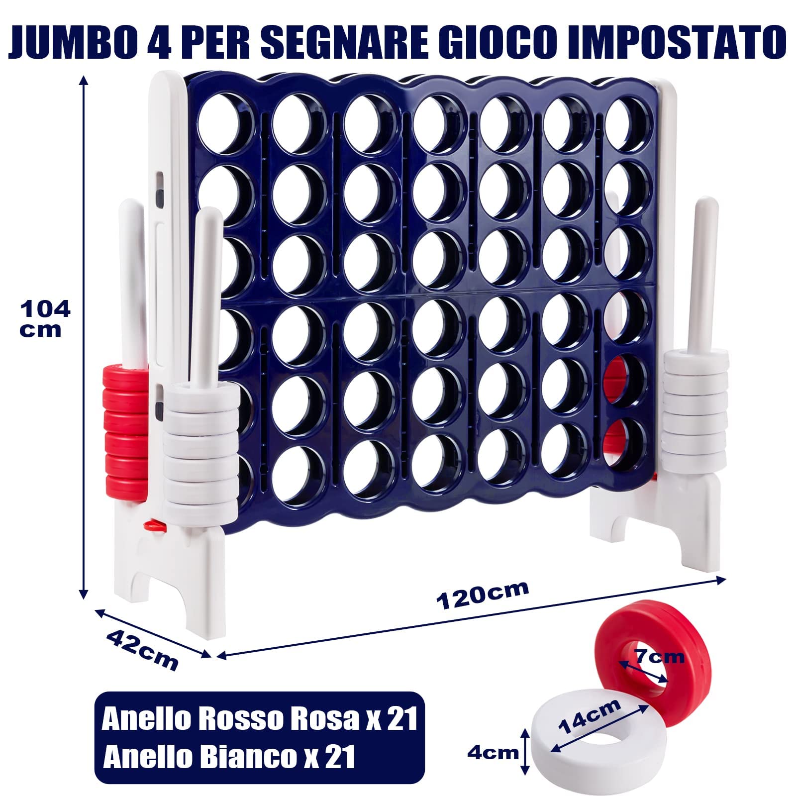 GYMAX Gioco a Terra di 4 in Linea, Grande Gioco della Strategia di Forza 4 con 42 Scacchi, per Bambini, Adulti, Gioco di Società per Riunioni di Famiglia, 120 x 42 x 104 cm (Grigio+Blu)
