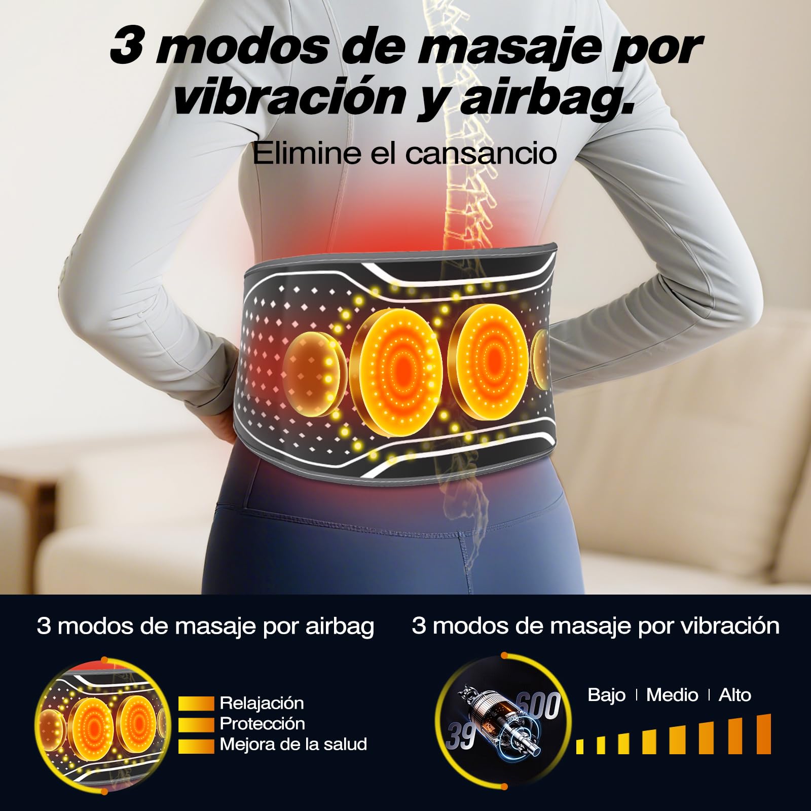 Cinturón de Masaje Lumbar con Calor Inalámbrico, Cojín Térmico Eléctrico con 3 Modos de Masaje por Aire y 4 Niveles de Temperatura para Aliviar el Dolor de Espalda, Ciática y Estrés