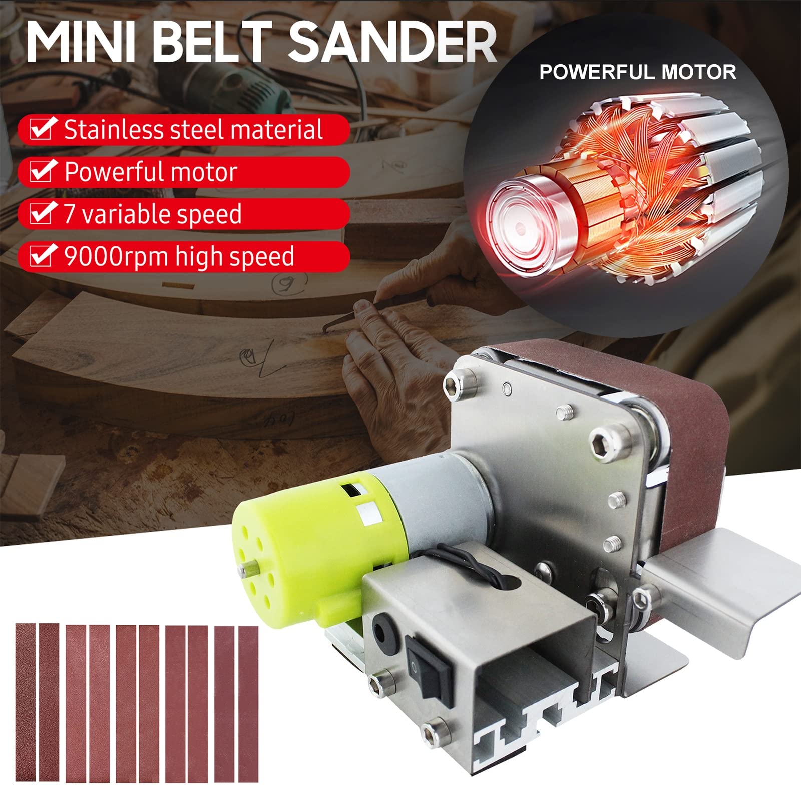Ponceuse à Bande Électrique 7 Vitesses 4500-9000 Tr/min - Mini Meuleuse Avec 20 Bandes Abrasives - Angle 45°