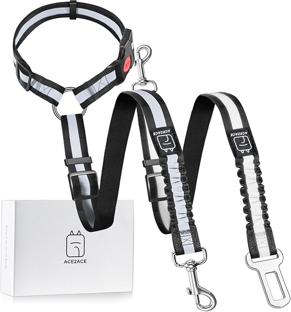ACE2ACE Dog Seat Belt for Cars, 2 Pack Adjustable Pet Car Safety Durable Harness Leash with Reflective Elastic Nylon Bungee Buffer for Leading &Travel