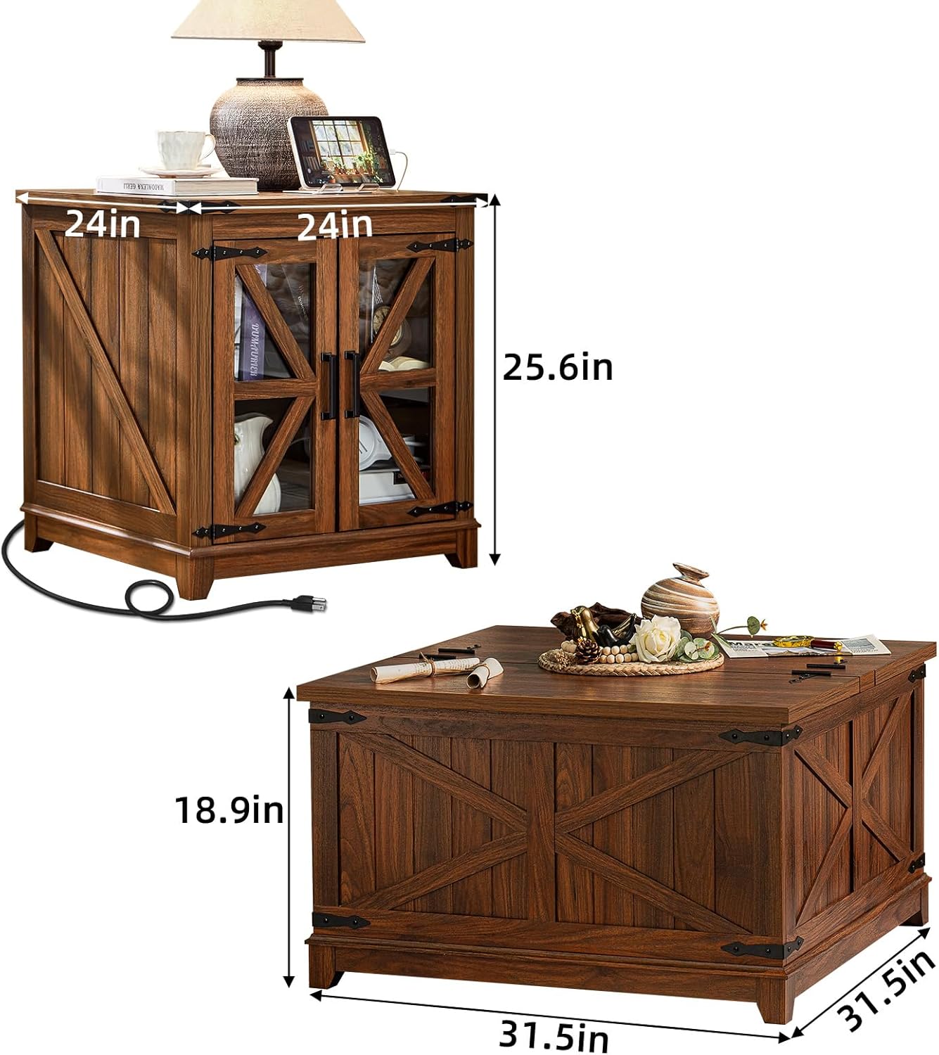 Farmhouse Coffee Table Set, 3 Pieces: Large End Side Tables with Charging Station and Coffee Table with Hidden Storage Compartment, Brown Wood Furniture Sets for Home Office