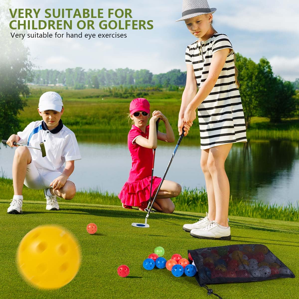 KISEER 90 Stück bunte Kunststoff-Übungs-Golfbälle, Luftstrom, hohl, Trainings-Golfbälle mit Nylon-Netz-Golfball-Taschen für Driving Range, Swing Praxis, Outdoor oder Zuhause