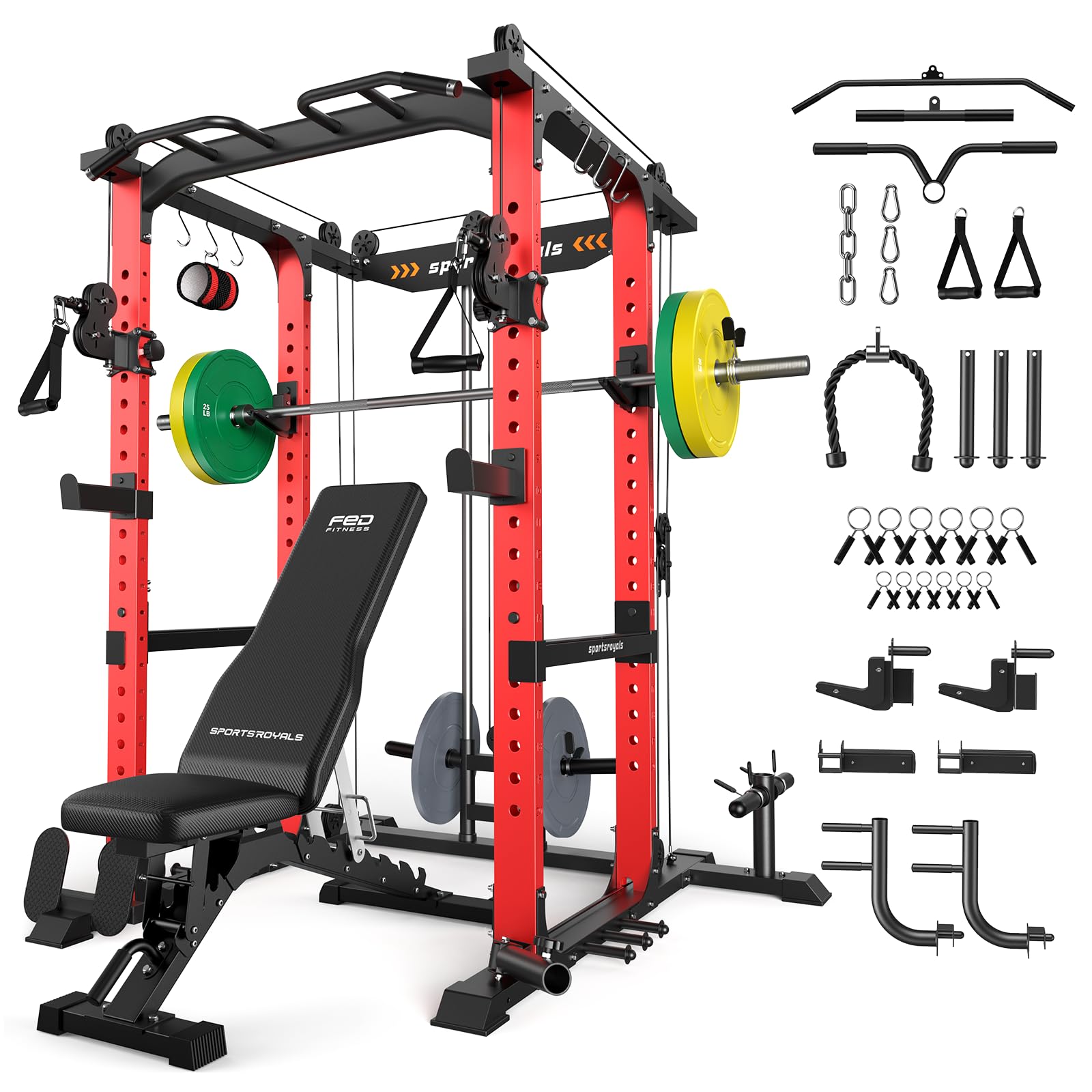 SPORTSROYALS Power Rack, Multi-Functional Power Cage, Squat Rack with Pulley System &amp; LAT Pull Down, Workout Cage with J Hooks for Home Gym