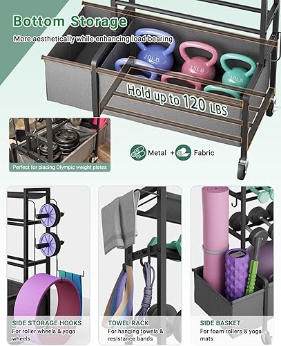 Miniatura 3 de Dumbbell Rack, Adjustable 4-Tier Weight Rack Movable, Home Gym Organizer Up to 405 lb with Lockable Casters & Hooks, Workout Equipment Storage for