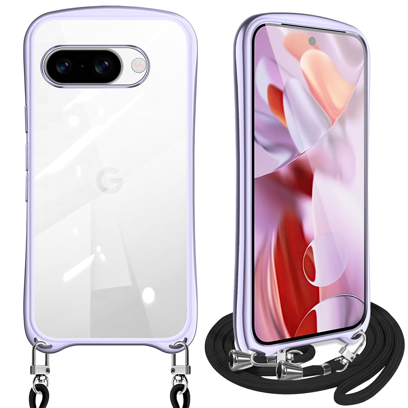 Guokaien Google Pixel 9a 用の ケース クリア ショルダー ピクセル 9a カバー スマホケース 耐衝撃 透明 TPU ストラップ付き 肩掛け 首掛け 紐付き 斜めがけ メッキ加工 取り外し可能 長さ調整可能(ライトパープル)