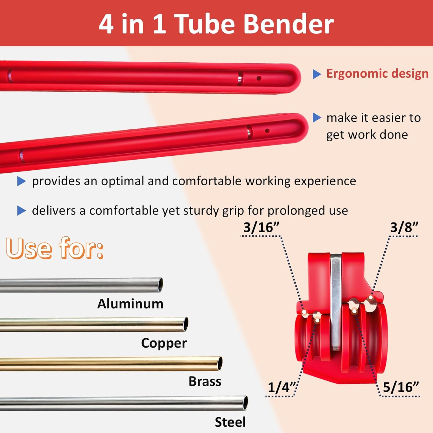 Tubing Bender, Tube Bender, 3/16”, 1/4", 5/16", 3/8" 4-IN-1 brake line Bender Tool for Copper, Brass, Aluminum and Thin Steel Fuel Line Pipe, Bends 0-180°