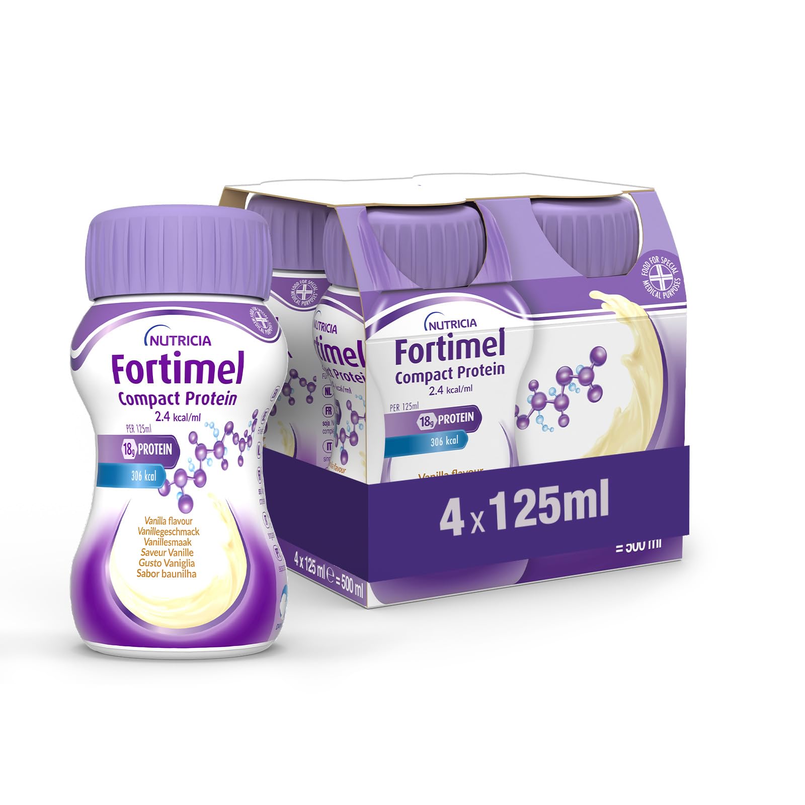 NUTRICIA FORTIMEL COMPACT PROTEIN - Supplemento Ipercalorico e Iperproteico Altamente Palatabile e Compatto, utile in caso di Malnutrizione, Alimento a Fini Medici Speciali, Gusto Vaniglia - 4 x 125ml
