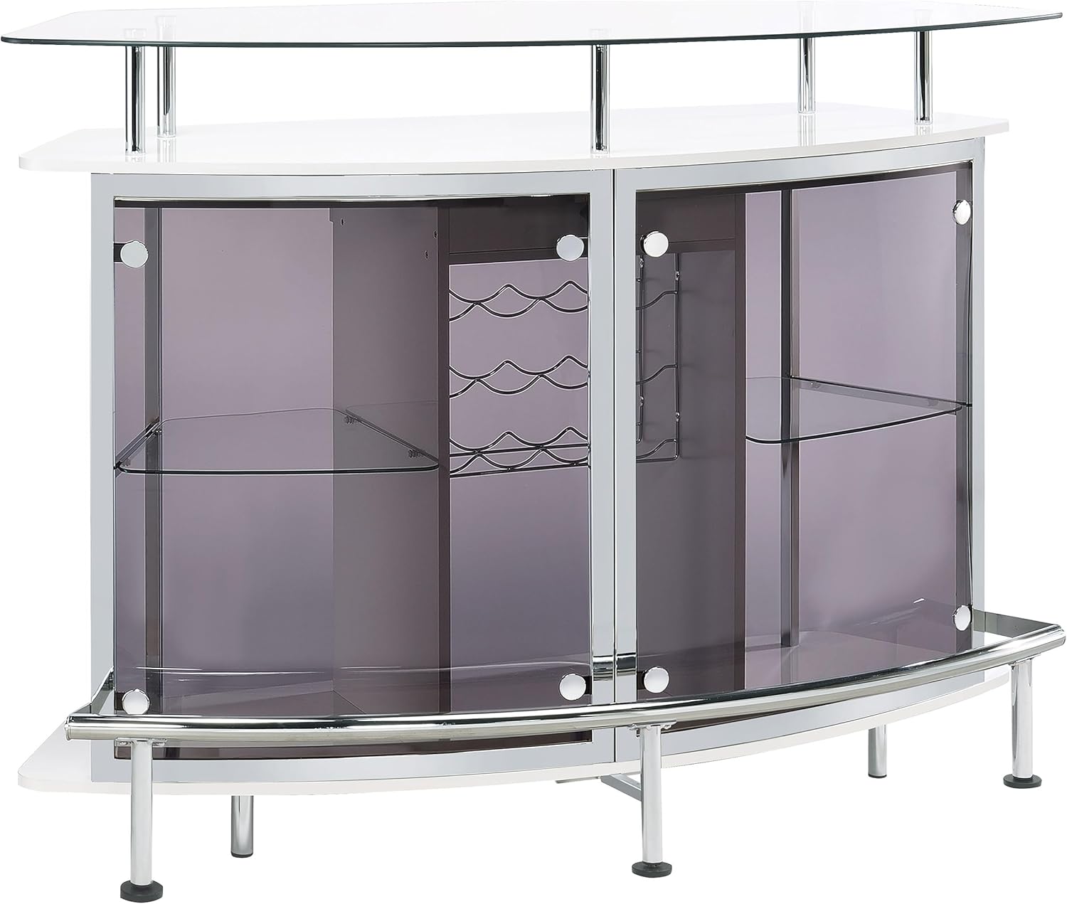 Coaster Home Furnishings - Gideon - Wood & Metal - Curved Glass Top Home Bar Cabinet with Wine Rack & Stemware Storage - Dining Room & Kitchen - White High Gloss - 182235