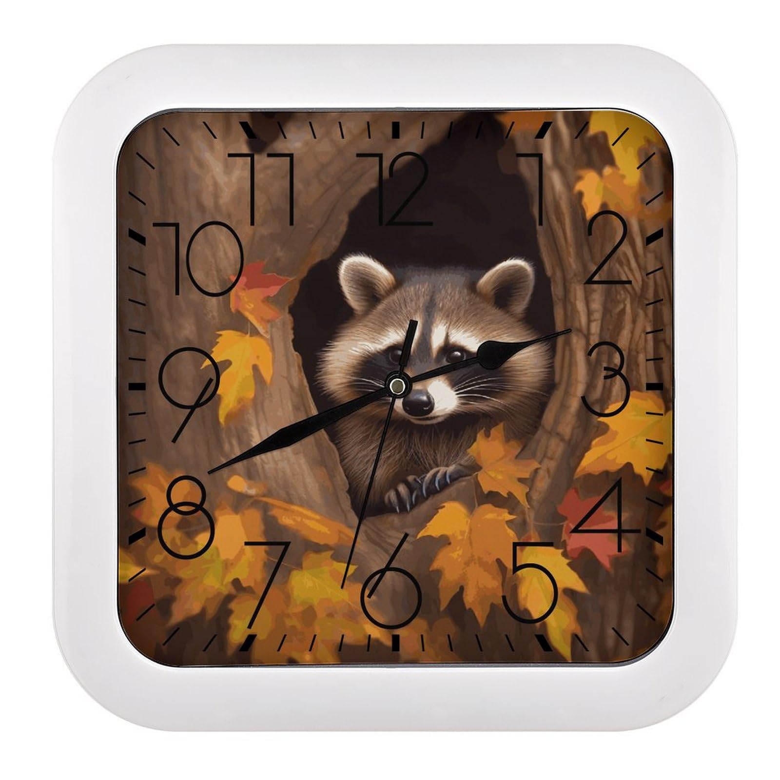 LDGSUPH Raccoon in The Fall Tree Hole Wall Clock Silent Non-Ticking Modern Clock Personalized Vintage Square Clocks for Travel Office Kitchen Home Decorative Clocks 10.2 Inch