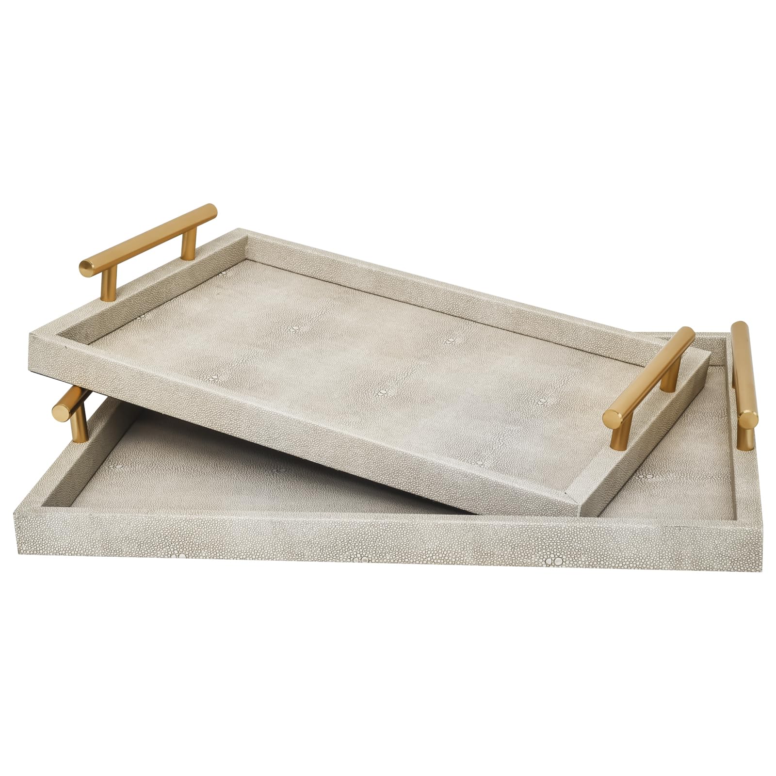 Modern Decorative Tray Set of 2 Ivory Shagreen Leather and Wood Serving Tray with Gold Polished Metal Handles for Ottoman, Coffee Table, Bathroom and More