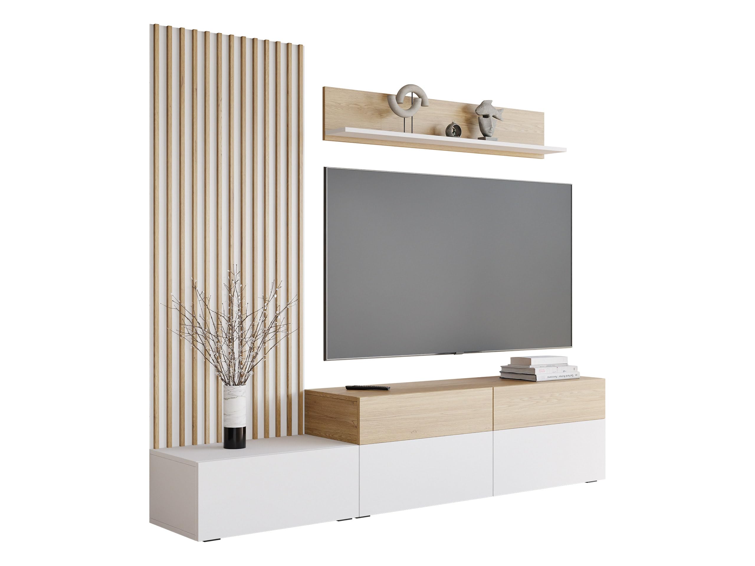 Mirjan24 Wohnwand Narezi, Elegantes Wohnzimmer-Set mit dekorativen Lamellen, Anbauwand mit Wandpaneele, TV-Lowboard, und Wandregal, Fernsehschrank (Weiß/Eiche Cremona, Breite: 225 cm)