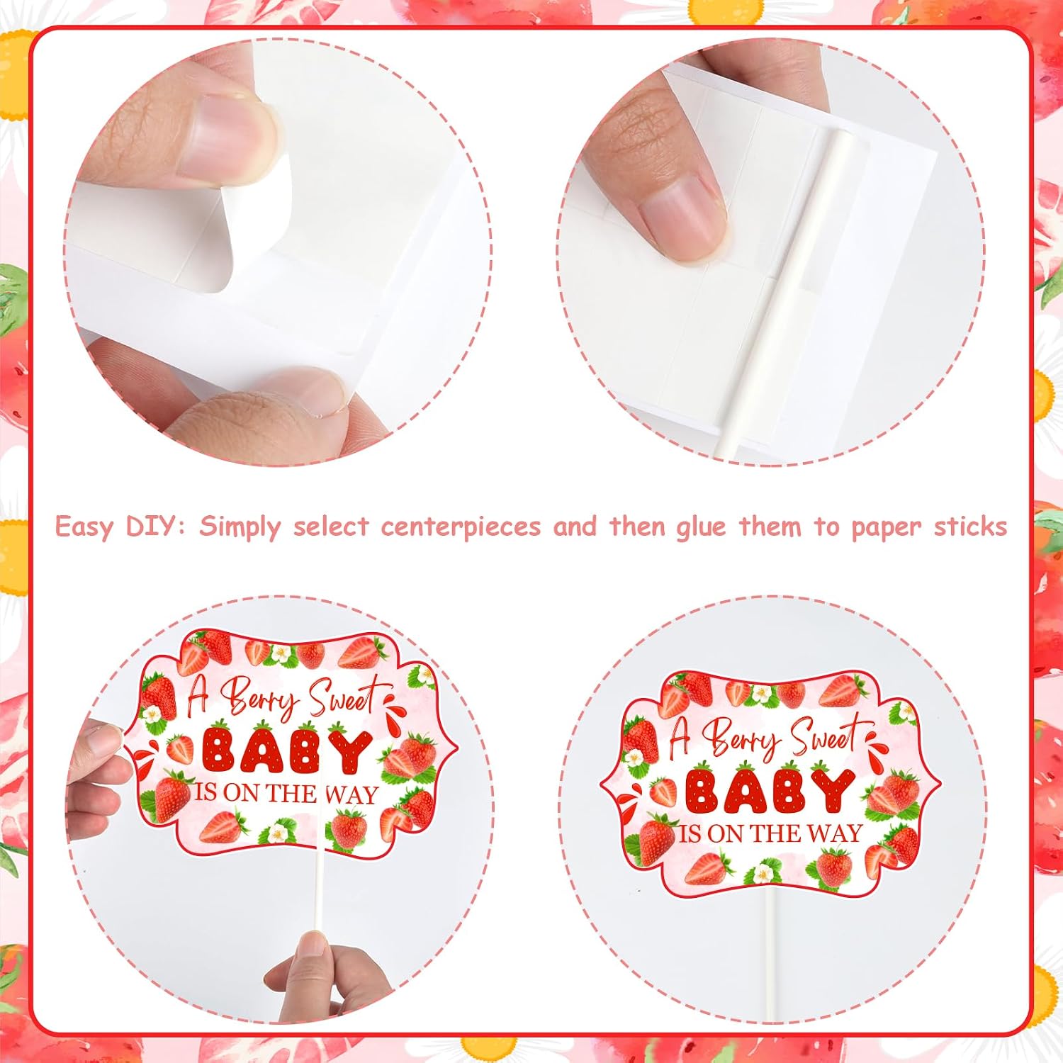 Strawberry Baby Shower Decorations for Girl 24pcs A Berry Sweet Baby Is on The Way Centerpieces Party Supplies Strawberry Baby Shower Centerpieces Sticks Berry Sweet Summer Fruit Party image 5