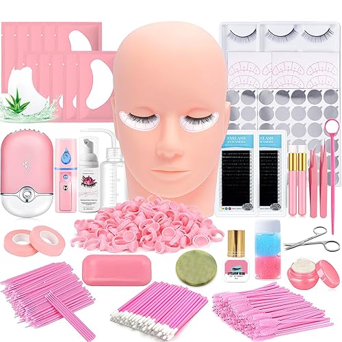 Miniatura 10 de Kit de extensiones de pestañas profesionales, suministros de entrenamiento para principiantes, cabeza de maniquí, injerto de pestañas, abanico USB,