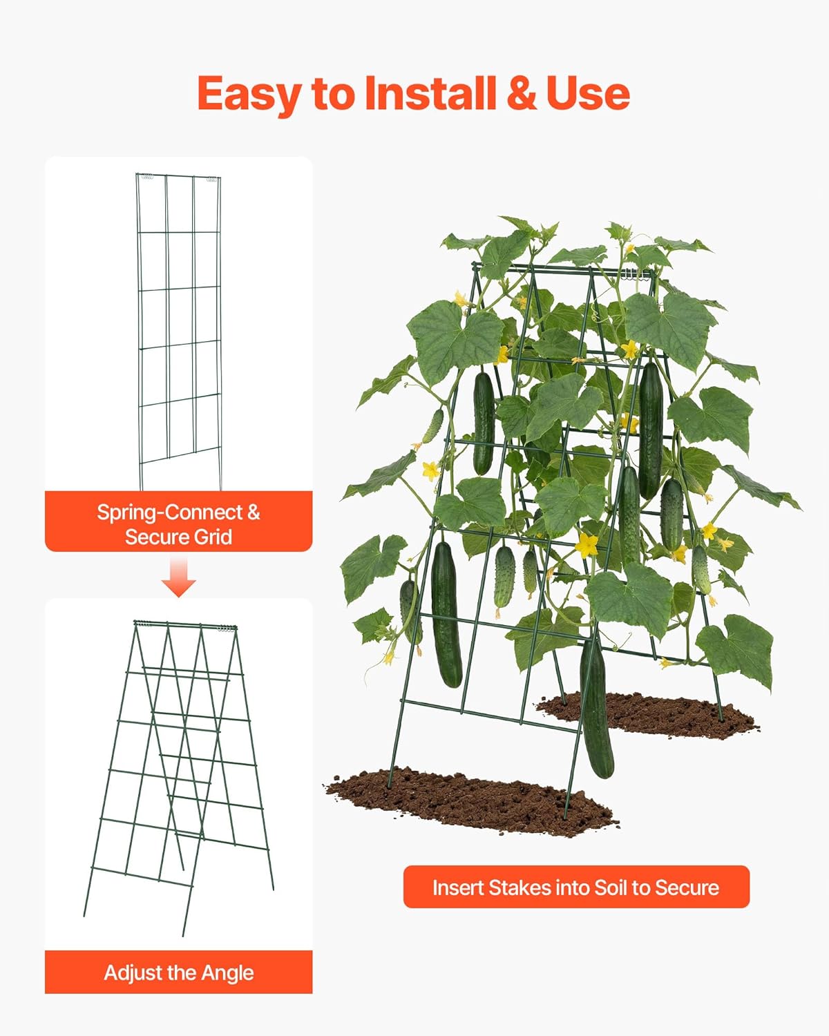 VEVOR Cucumber Trellis, 46" High Foldable A-Frame Garden Trellises for Raised Bed, 4 Panels, Metal Rustproof Outdoor Climbing Plant Support with 2 Plant Bags for Vine, Peas, Beans, Tomato, Flowers