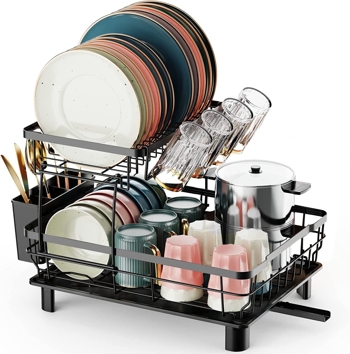 EMANIS Dish Drainers, Double Layer Dish Rack with Drainage Plate and