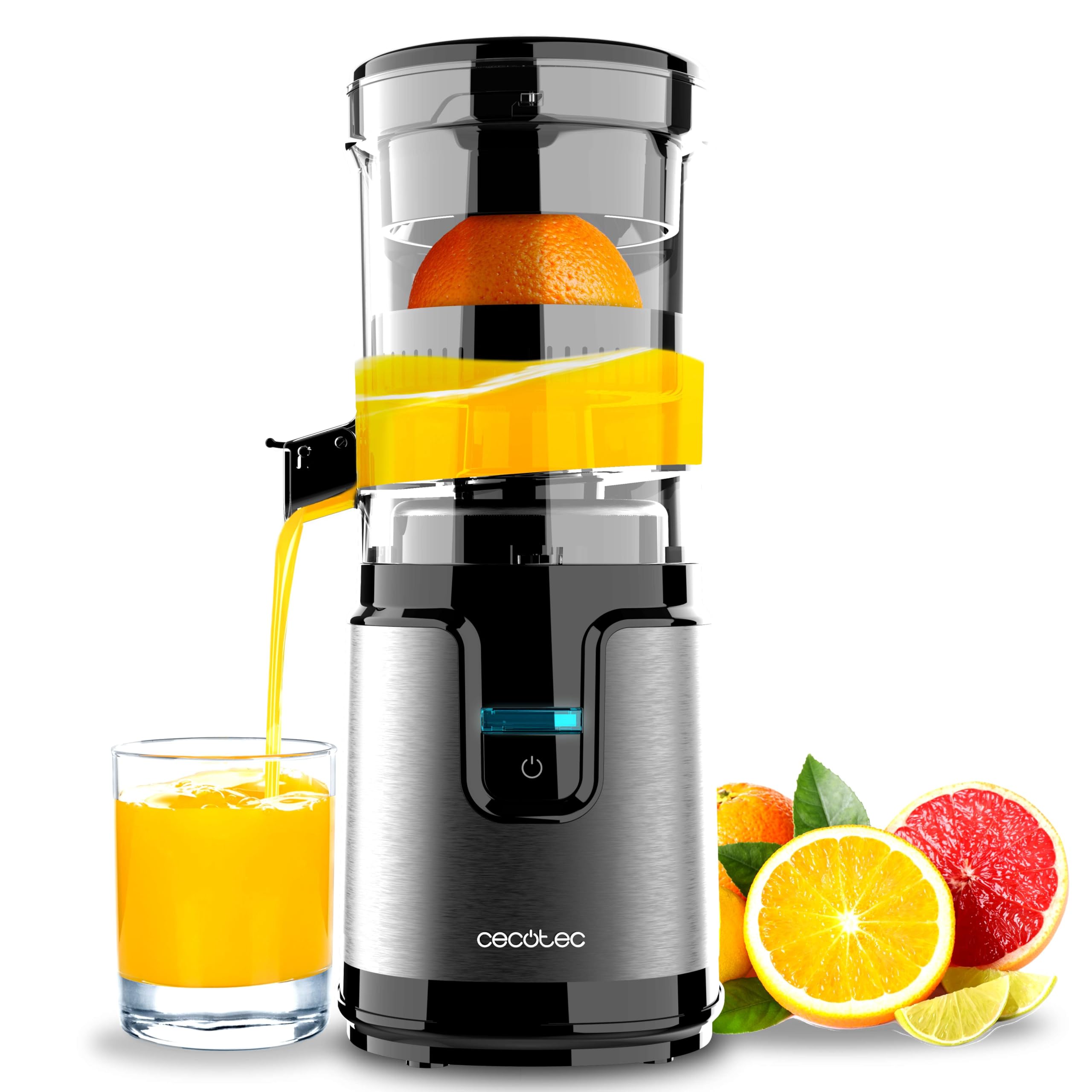 Cecotec Exprimidor de Naranjas Eléctrico de Torre Essential TowerAdjust Easy Steel. 140W, Capacidad de 0,​35L, Incluye un Filtro y un Cono de Plástico, Única Dirección de Rotación, Desmontable