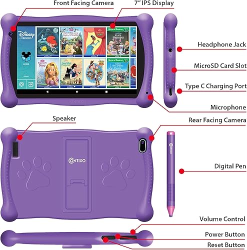 Miniatura 8 de Contixo Paquete de tabletas de aprendizaje Disney Kids de 7 pulgadas, auriculares, lápiz capacitivo y bolsa, libro de cuentos Disney preinstalado
