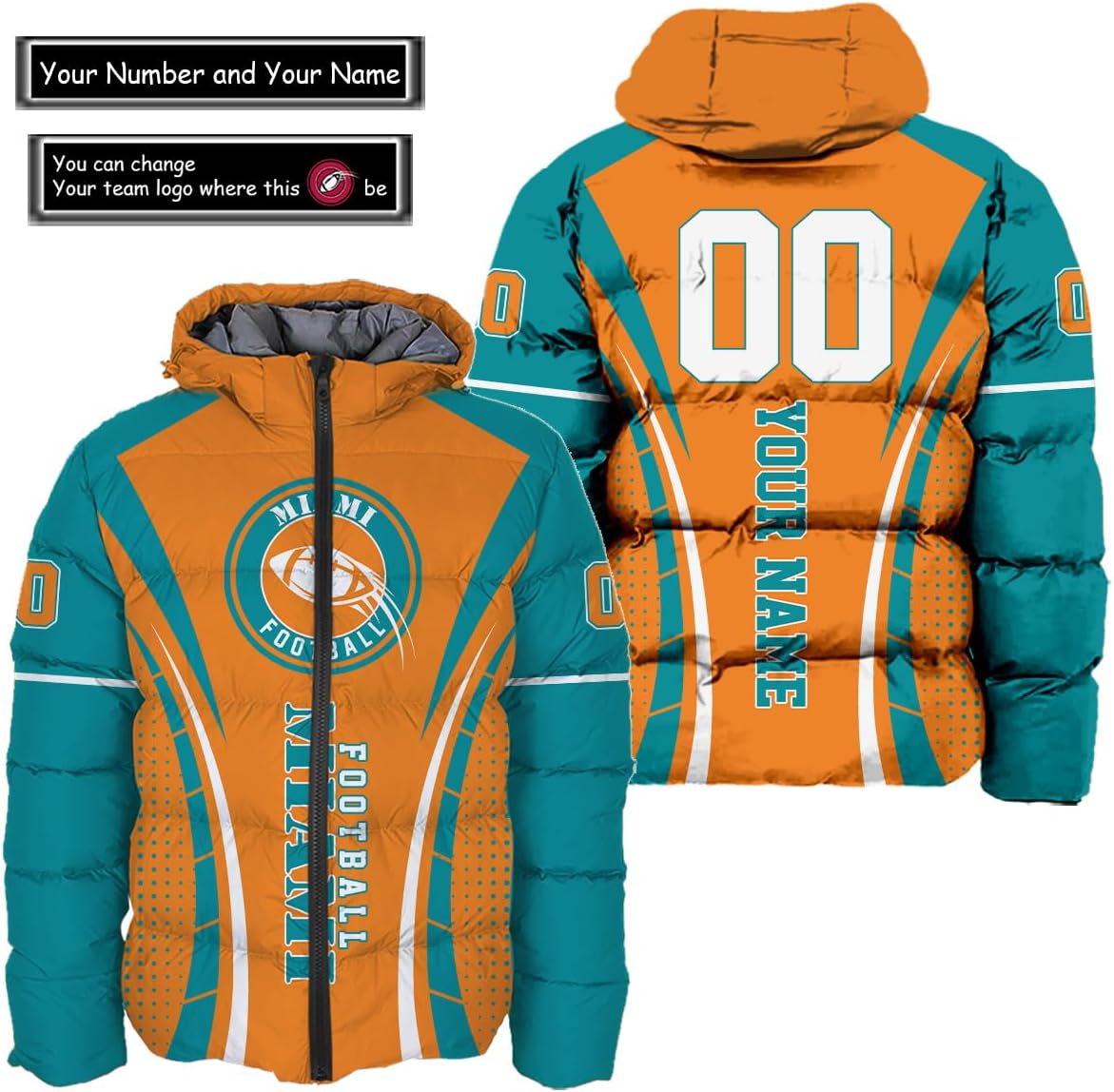 Personalized Miami Football Team Dolphins Men's Hooded Puffer Jacket