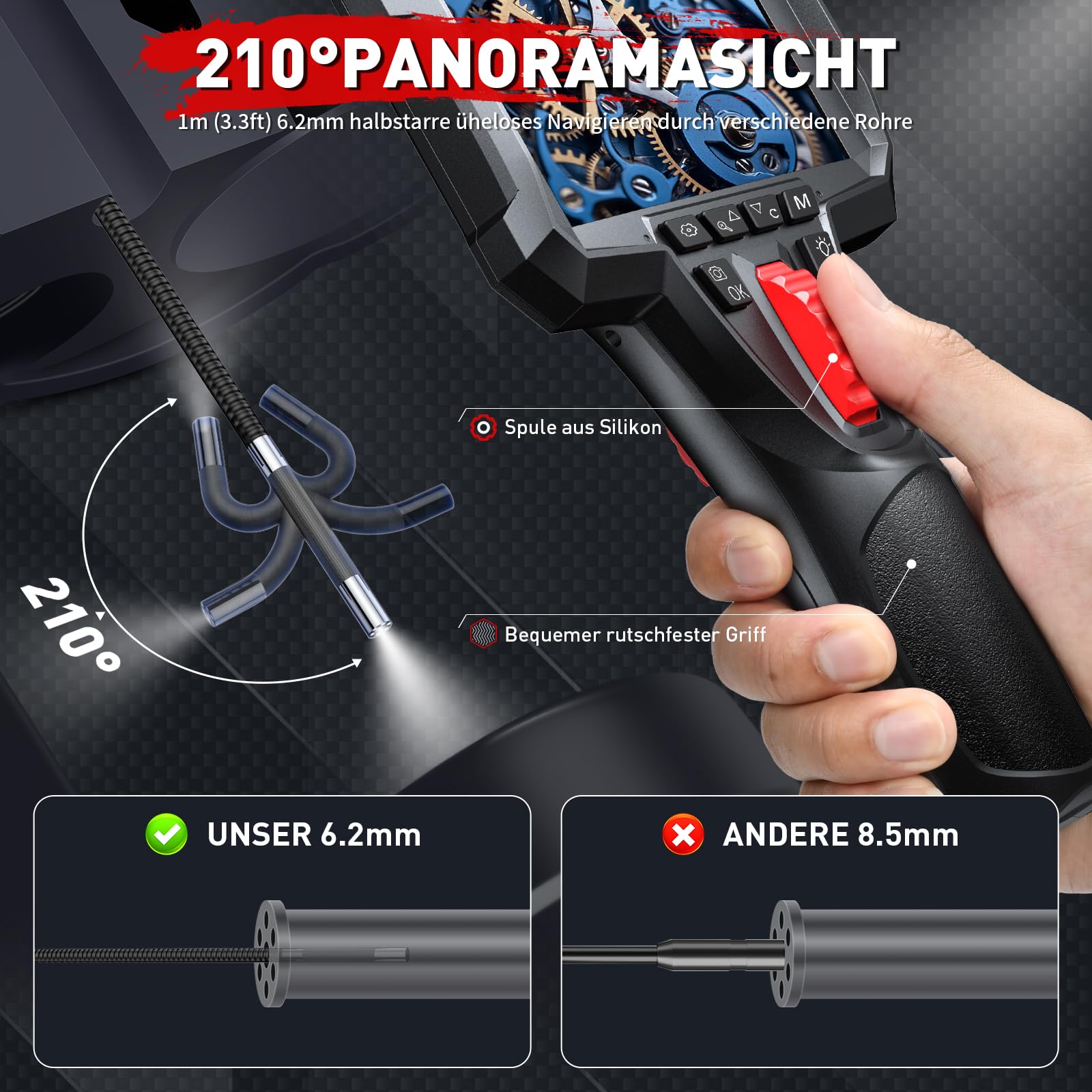 Industrielles Endoskop mit Licht - HD 1080P Inspektionskamera mit 6.2mm 210° flexiblem Steuerkopf, IP67 wasserdicht, 32GB Speicherkarte enthalten - Für KFZ-Mechaniker, Rohre, Maschinenwartung