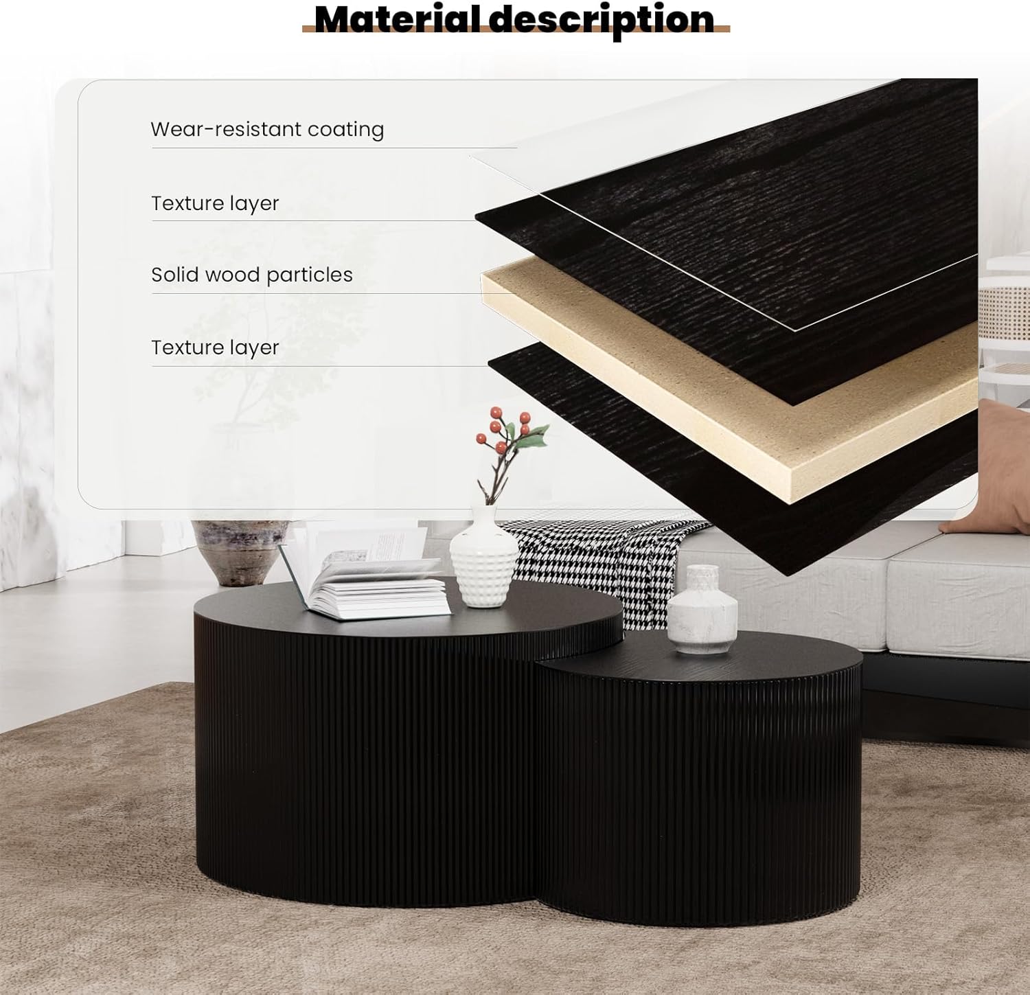 Round Nesting Coffee Table Modern Fluted Coffee Tables Set of 2 Wood Circle Drum Center Table Crescent Side Accent End Tables for Living Room No Assembly (D Black Large)