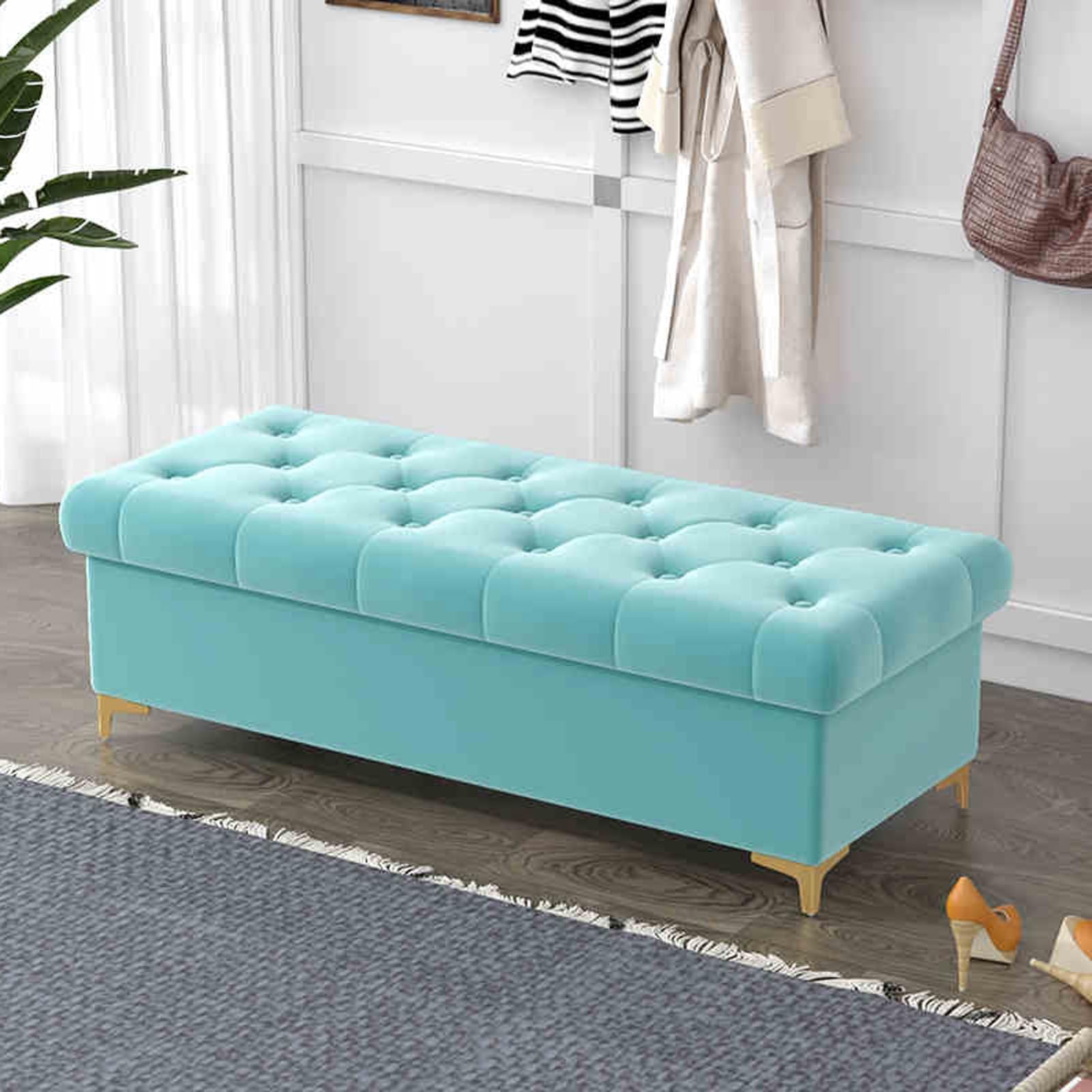Banc ottoman de rangement velours côtelé fin du désordre
