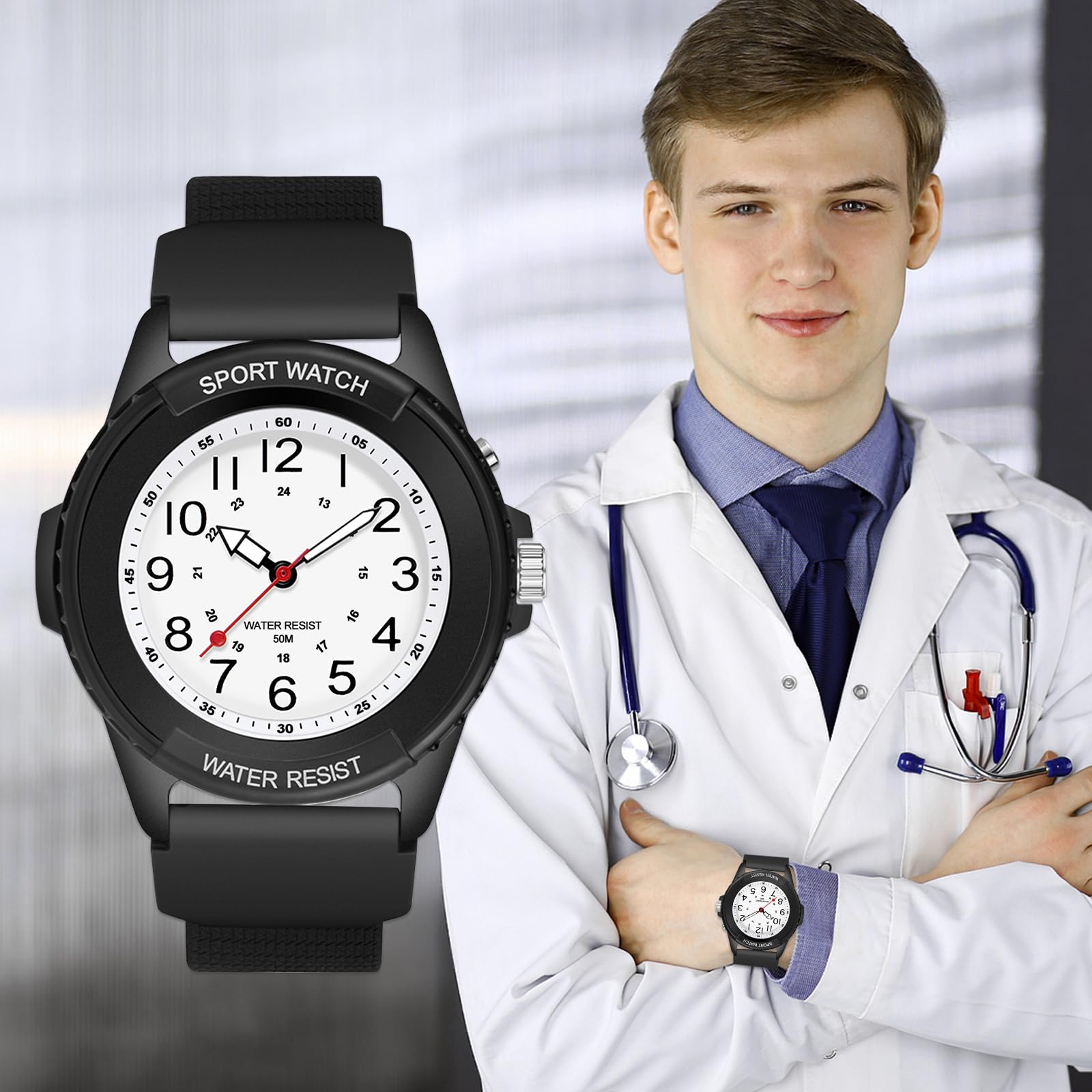 PROKING Orologio da infermiere impermeabile per professionisti medici, donne e uomini, 24 ore con lancetta dei secondi, luce notturna, quadrante militare facile da leggere, cinturino in silicone