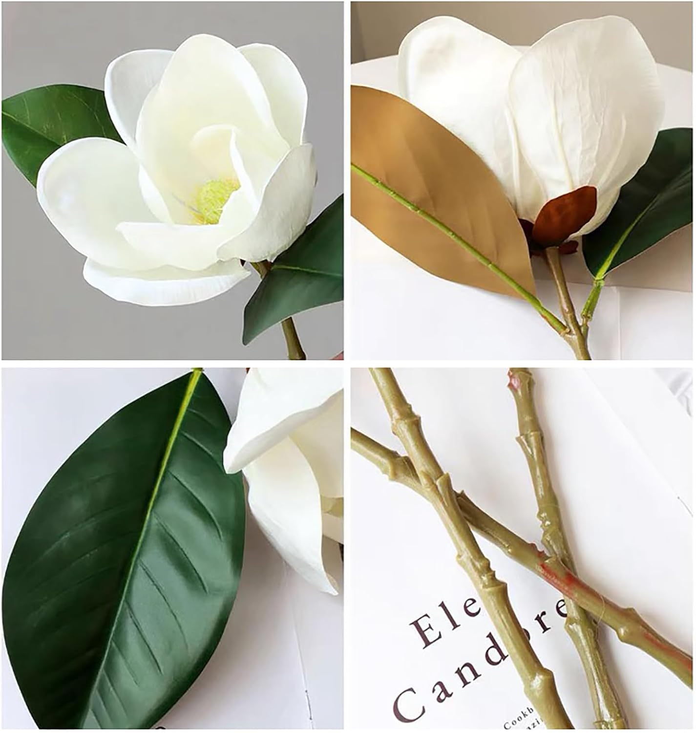 Emivery 3Pcs Artificial Magnolia Flowers, Faux White Magnolia Real Touch Silk Flowers Large Flower Head Magnolia Bouquet for Home Office Wedding Holidays Party Decor