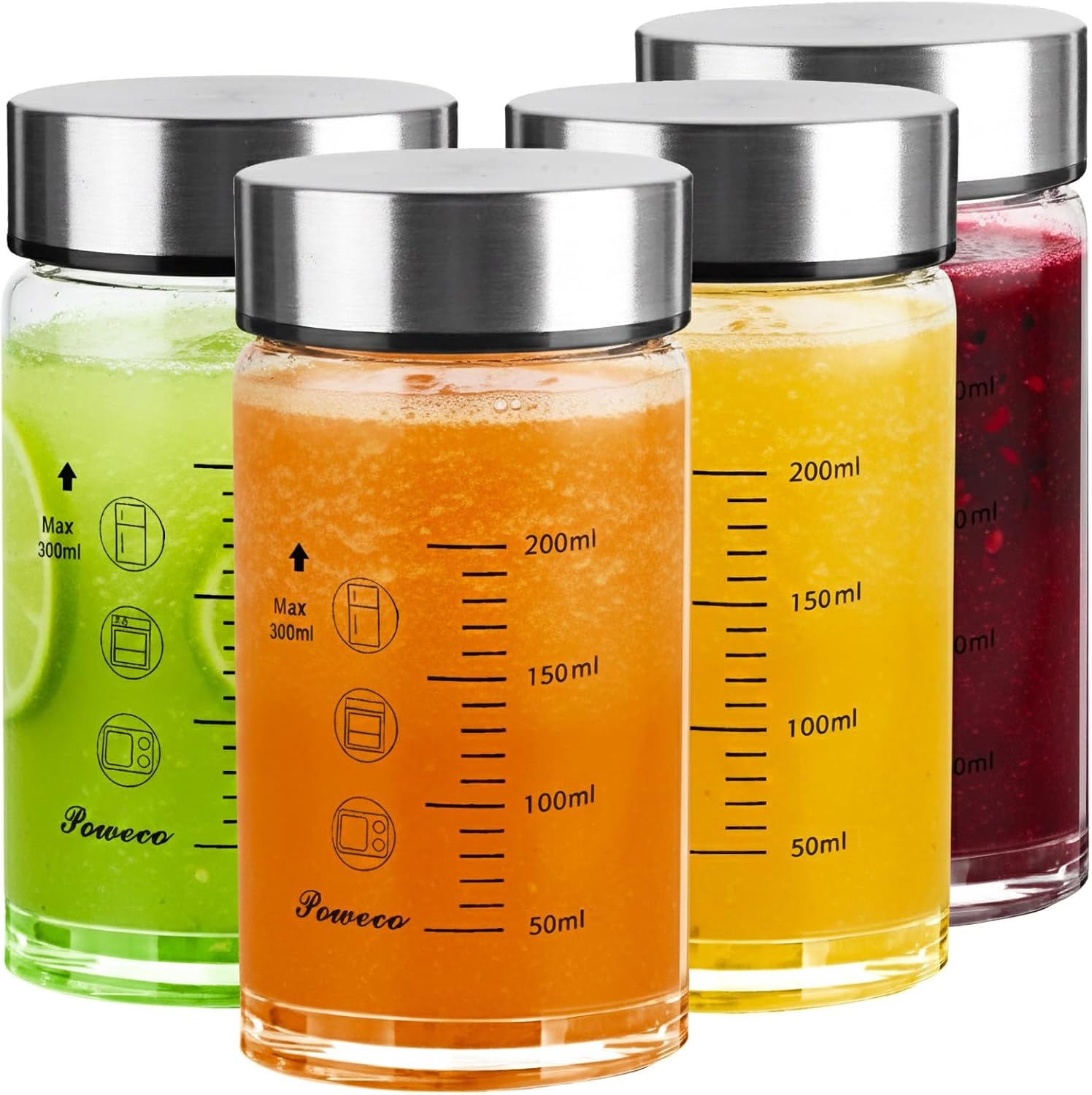Glass Juice Bottles 4 Pack 10 oz - Wide Mouth Glass Water Bottles with Lids - for Juicing, Protein, Smoothie, Milk, Reusable, BPA Free, Stainless Steel Lids, Blender, Shaker Bottle (300ml)