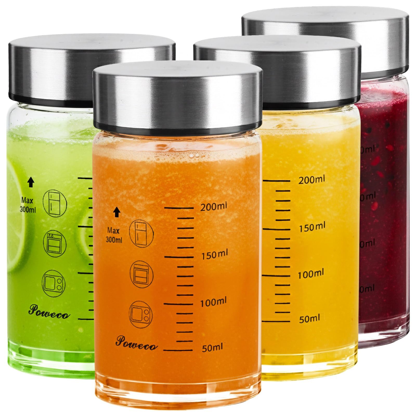 Acsatont Lot De 4 Bouteilles En Verre 300 ML Avec Couvercle Inox - Échelle De Mesure Lot 4 Avec Couvercle Inox Acsatont Lot De 4 Bouteilles En Verre 300 ML Avec Couvercle Inox - Échelle De Mesure Lot 4 Avec Couvercle Inox
