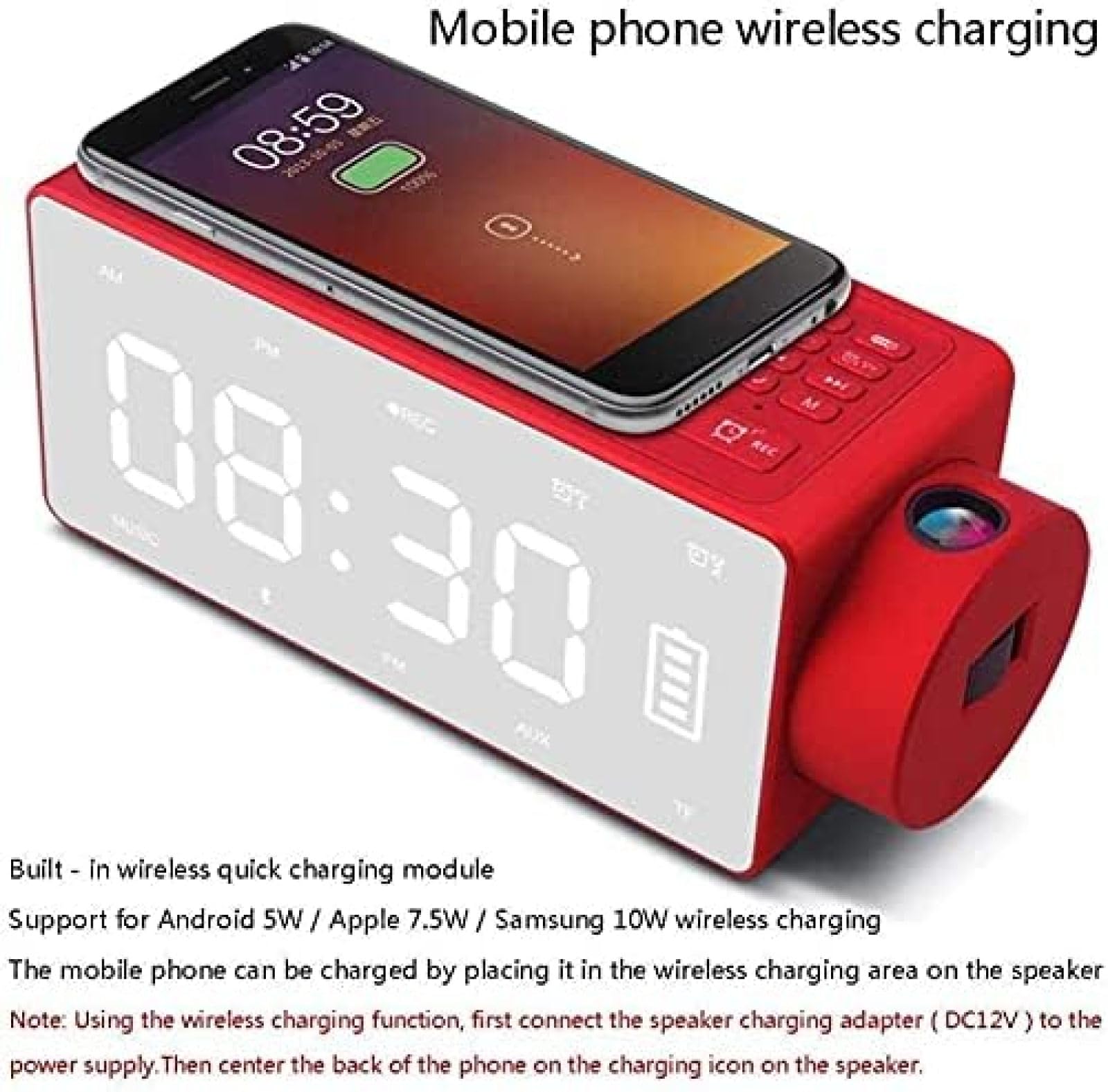 Sveglia Digitale con proiettore LED Specchio Altoparlante Bluetooth Wireless Doppio Allarme Radio FM Porta di Ricarica USB Regalo