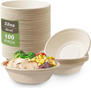 Disposable Paper Bowls 32oz Heavy Duty, 100 Pack Eco-Friendly Compostable Bowls, Party Serving Bowls for Salad, Ice Cream, Dessert and Hot Soup, Biodegradable Bowls Made of Sugarcane (Nature)