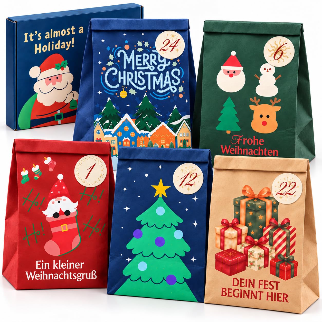 ZWERKZEUG Adventskalender zum Befüllen – 24 Papiertüten in 5 Motiven mit Zahlen- & Verschlussaufklebern, 4 Kollektionen zur Auswahl, wiederverwendbare Geschenktüten für Weihnachten