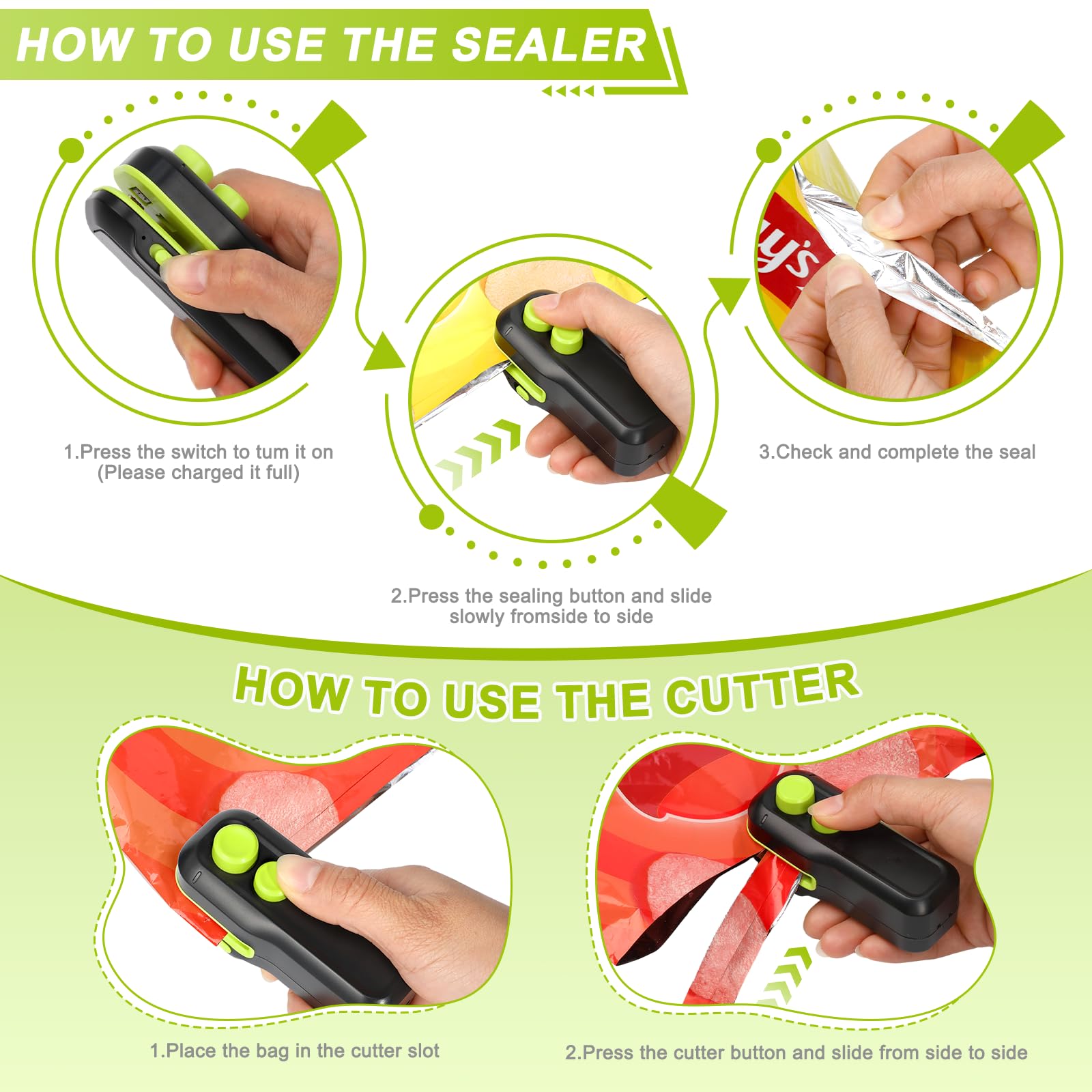 Mini Bag Sealer, Votozi 2 in 1 Rechargeable Heat Sealer and Cutter with Magnet, Portable Chip Bag Sealer for Plastic Bags Food Storage Snacks Freshness (Black) — view 4