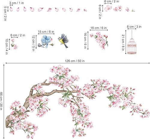 Miniatura 4 de decalmile Calcomanías de pared de ramas de cerezo en flor de cerezo, flores rosas, pájaros, calcomanías de pared para dormitorio, sala de estar,