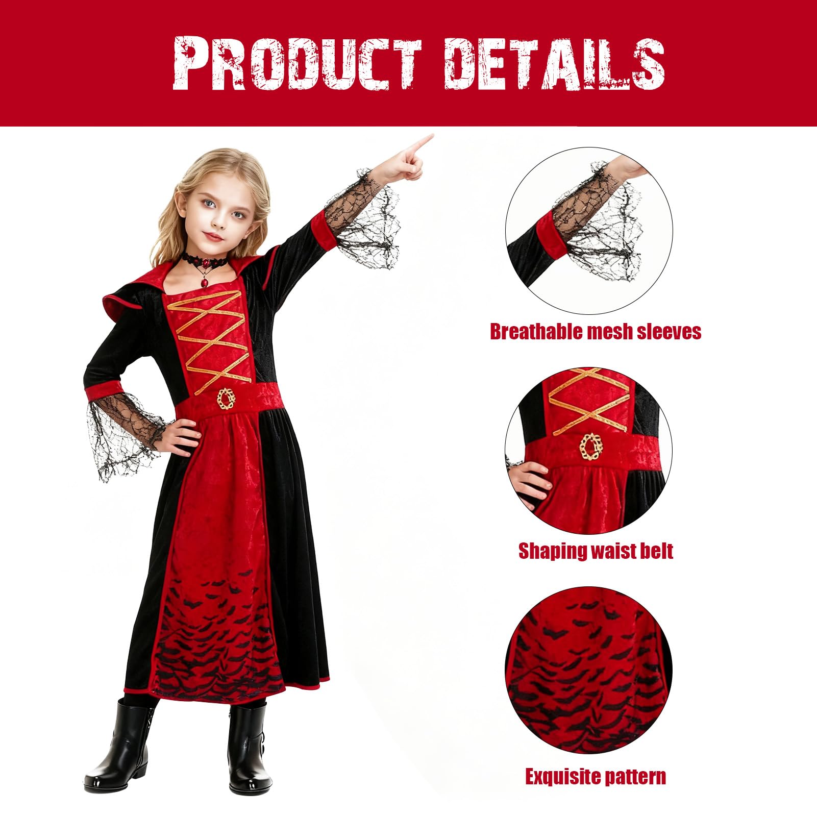 Moerstar Vampire Costume Kids Girls, Halloween Vampire Costume Set including Choker Necklace Earrings - Image 2