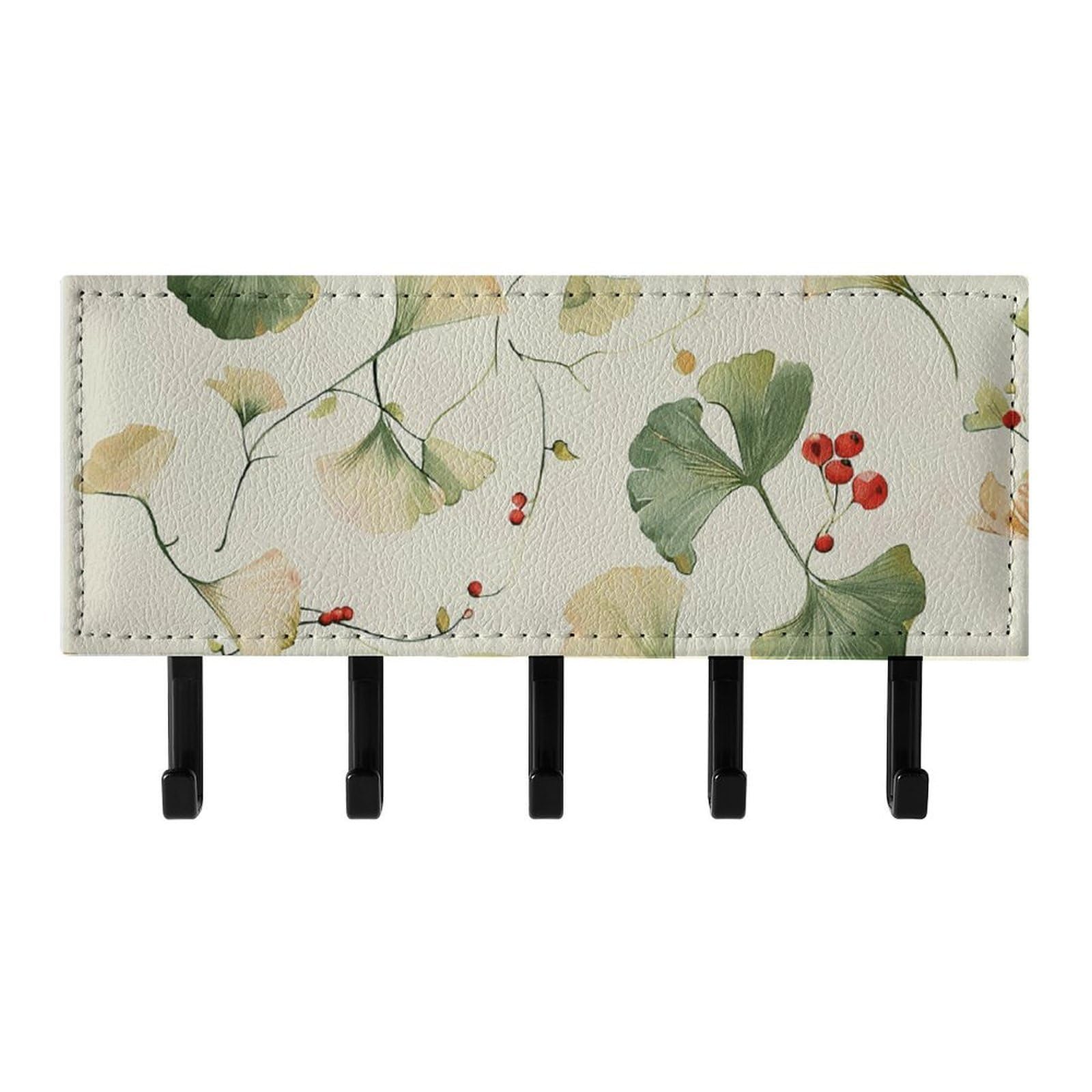 QMNLKH Ginkgo Leaves and Berries Wall Mounted Key Rack for Home, No Drilling Key Holder with 5 Hooks, Self Adhesive Keys Chain Organizer for Hallway, Keys Hanger Shelf for Office, Doorway Black