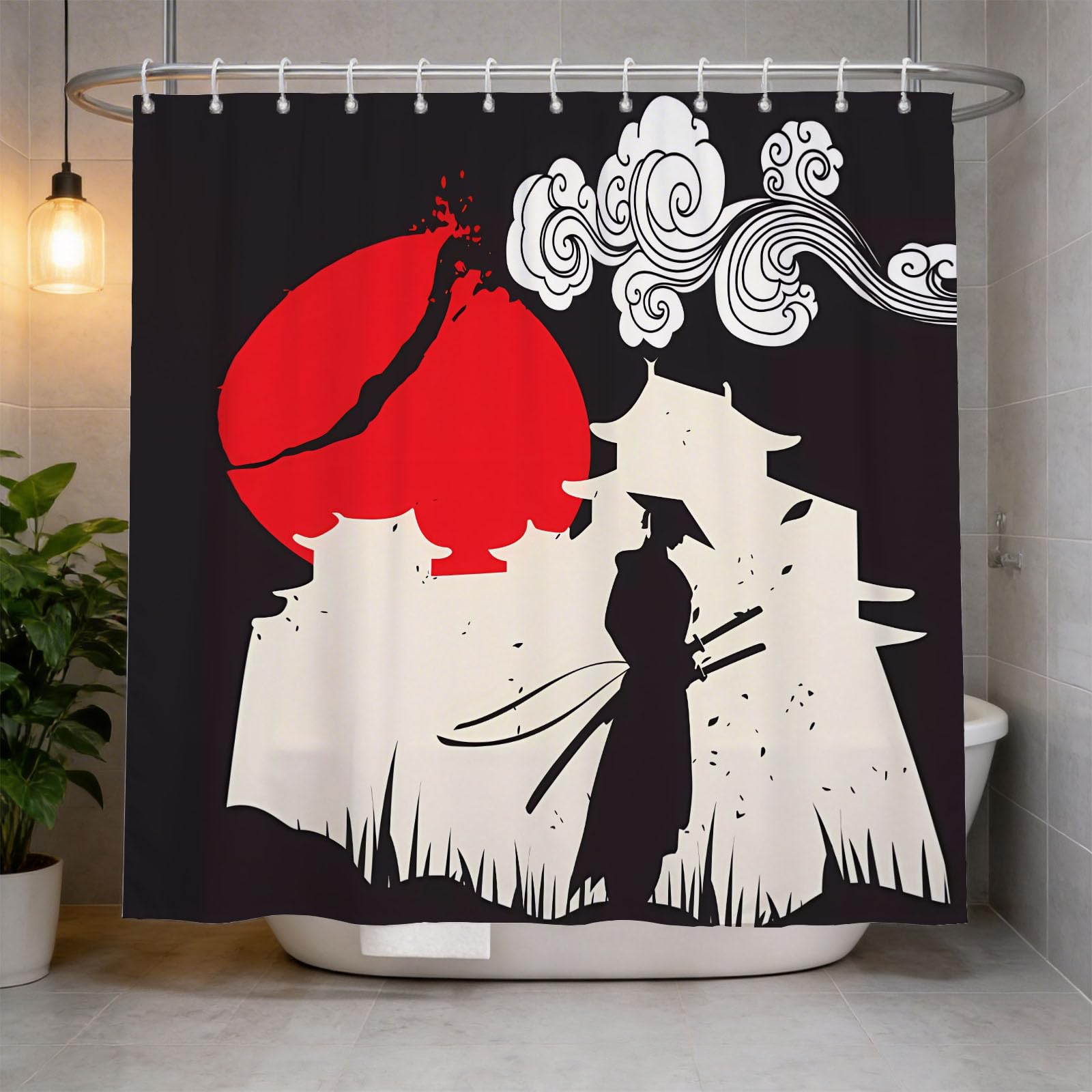 Hongduo 3D Samurai Shower Curtain for Stalls Bathtubs Silhouette Bathroom Decor Shower Curtain Set Polyester Fabric Waterproof 200x200cm/79X79 Inch with Hooks